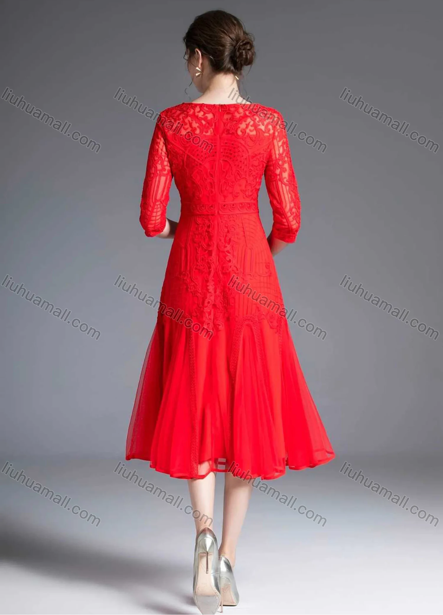 Wholesale Women's Vintage High Waist Sheer Mesh Half Sleeve Embroidery Knee Length Dress - Liuhuamall