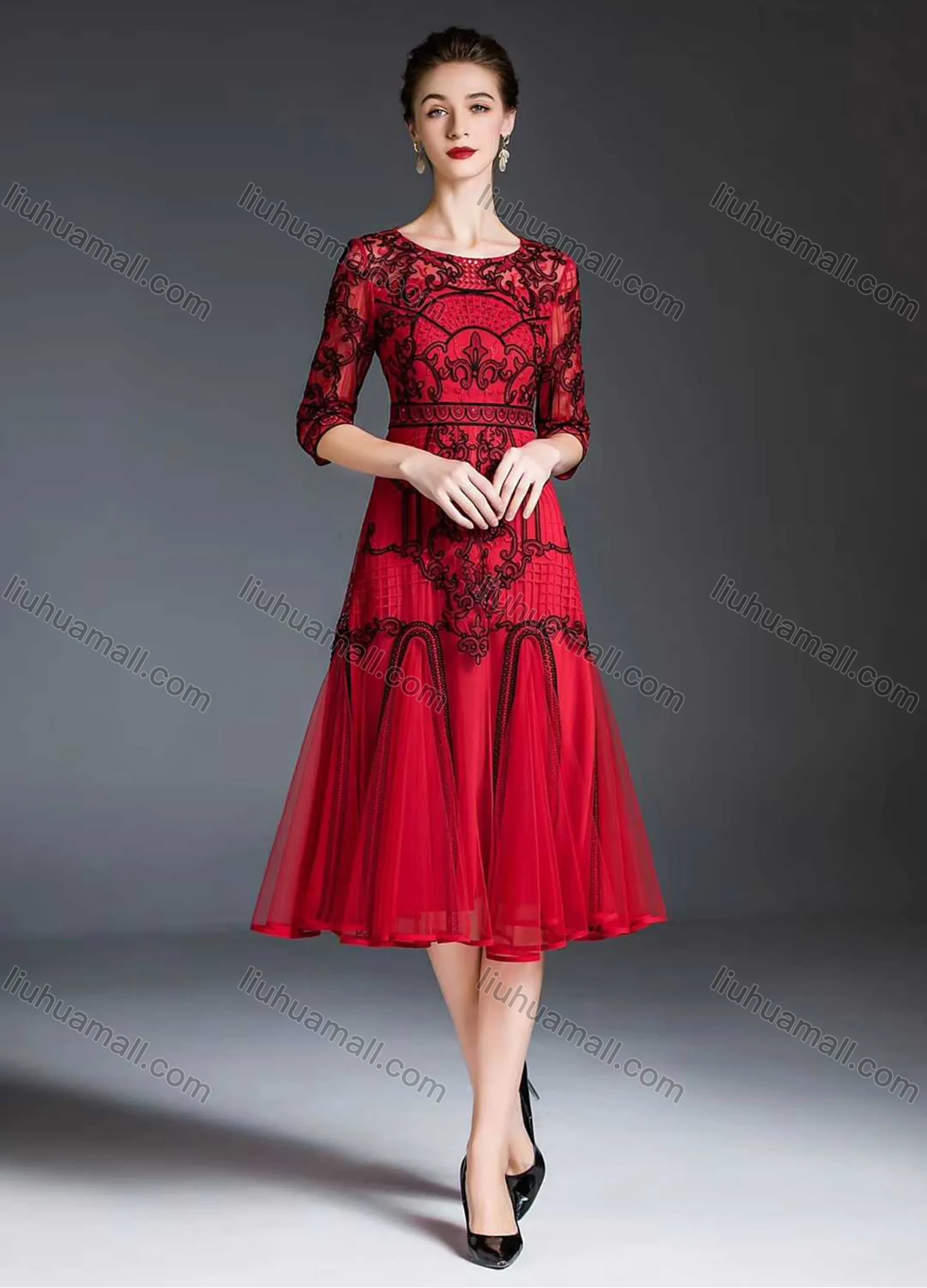 Wholesale Women's Vintage High Waist Sheer Mesh Half Sleeve Embroidery Knee Length Dress - Liuhuamall