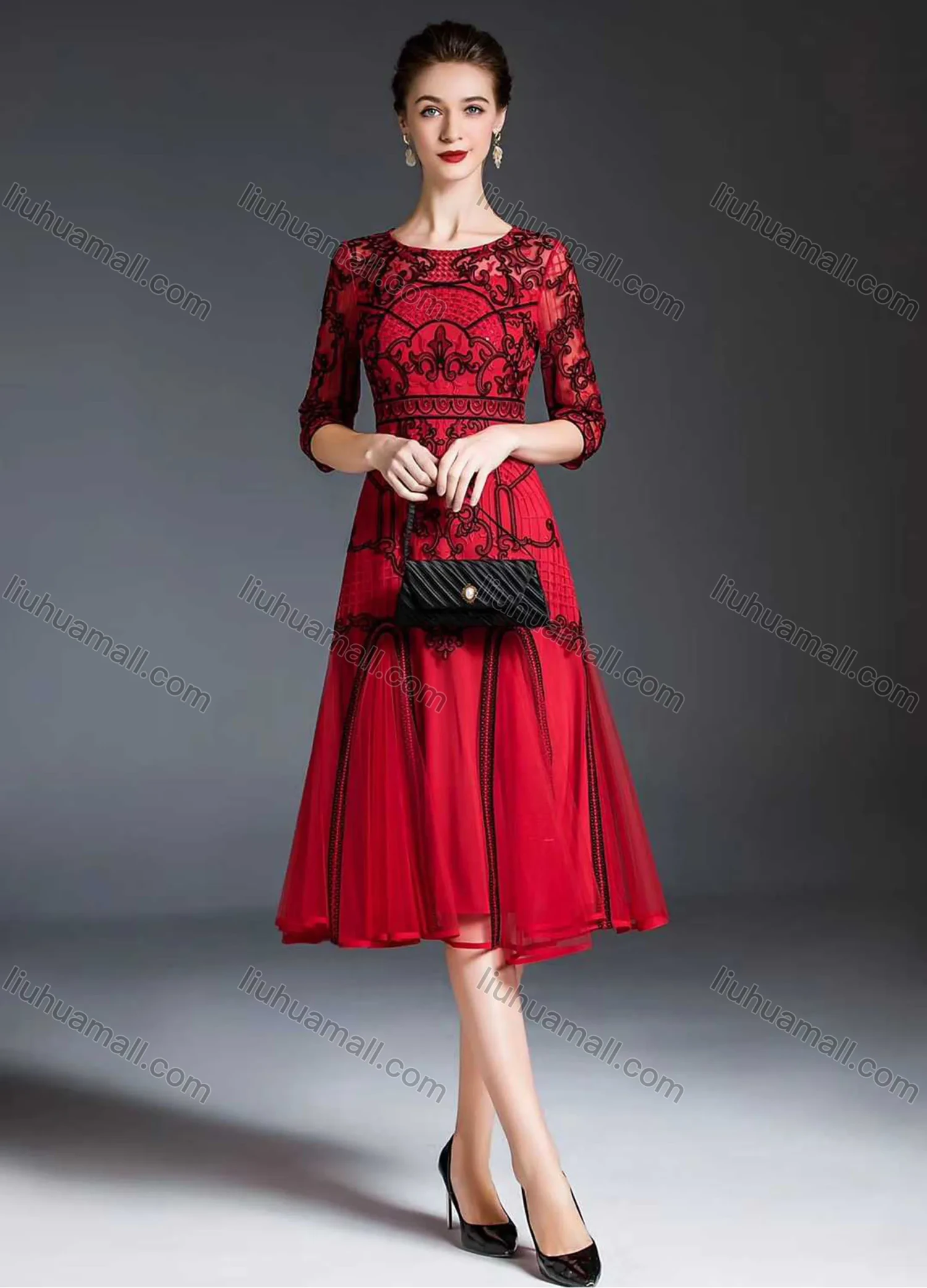 Wholesale Women's Vintage High Waist Sheer Mesh Half Sleeve Embroidery Knee Length Dress - Liuhuamall