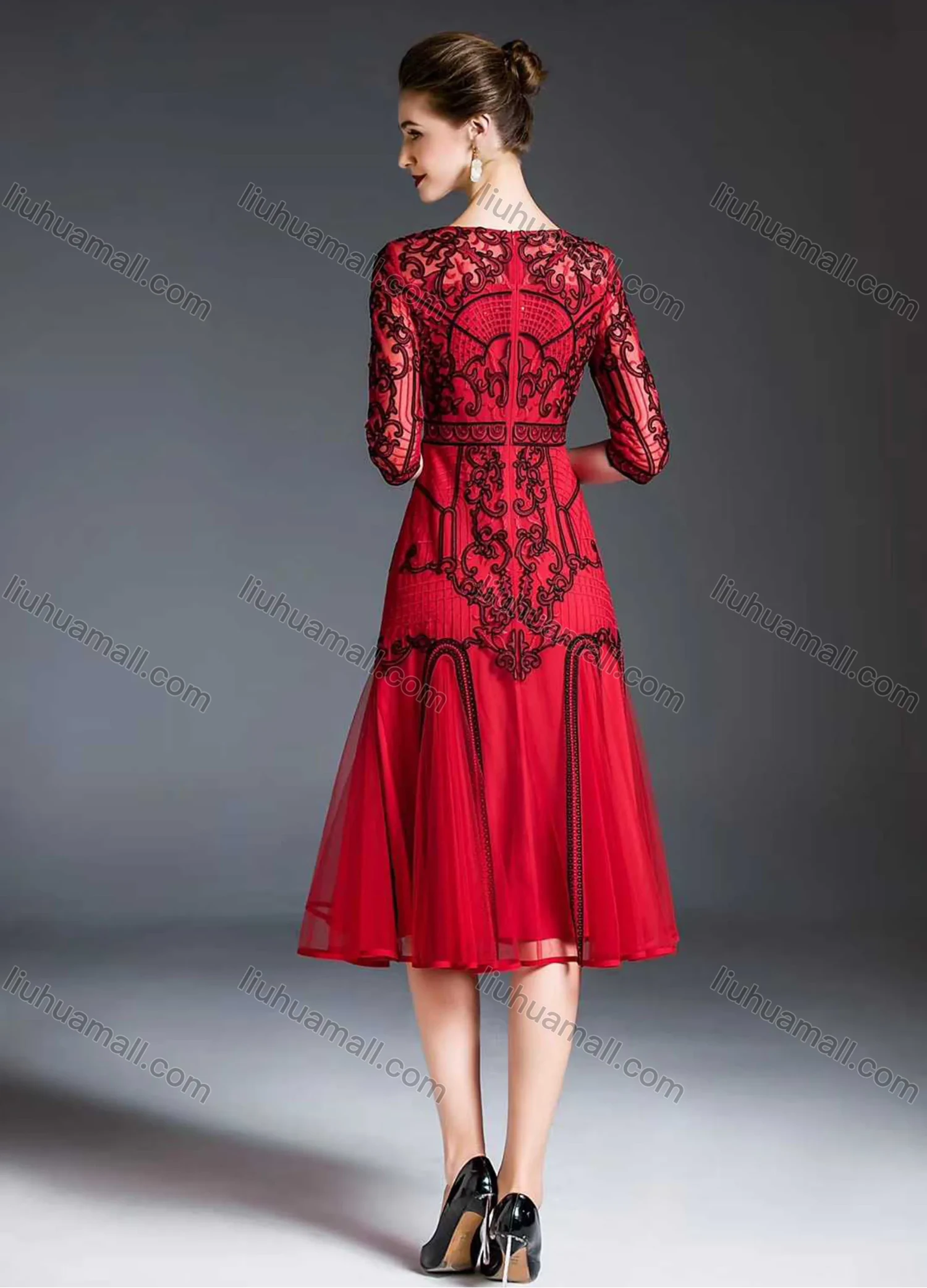Wholesale Women's Vintage High Waist Sheer Mesh Half Sleeve Embroidery Knee Length Dress - Liuhuamall