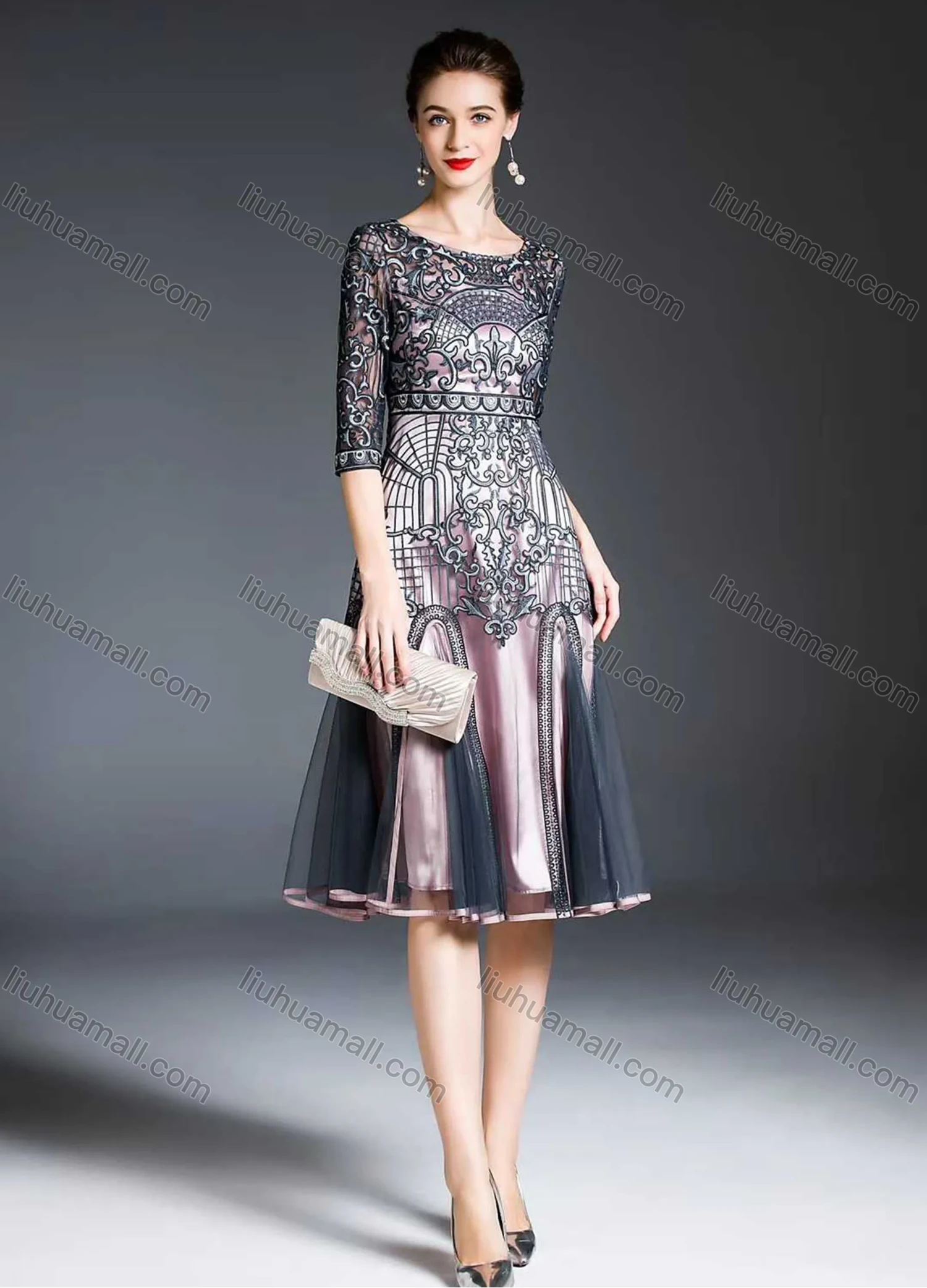 Wholesale Women's Vintage High Waist Sheer Mesh Half Sleeve Embroidery Knee Length Dress - Liuhuamall