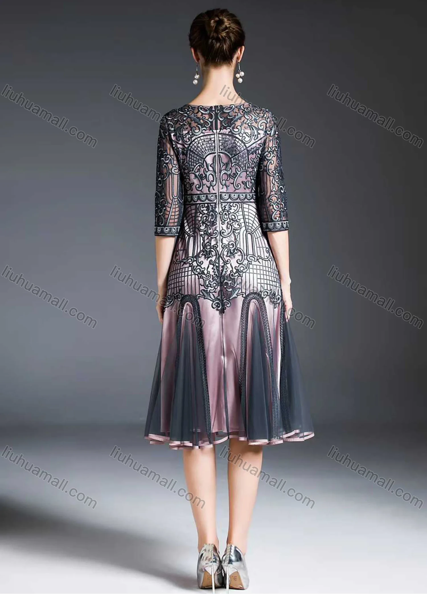 Wholesale Women's Vintage High Waist Sheer Mesh Half Sleeve Embroidery Knee Length Dress - Liuhuamall