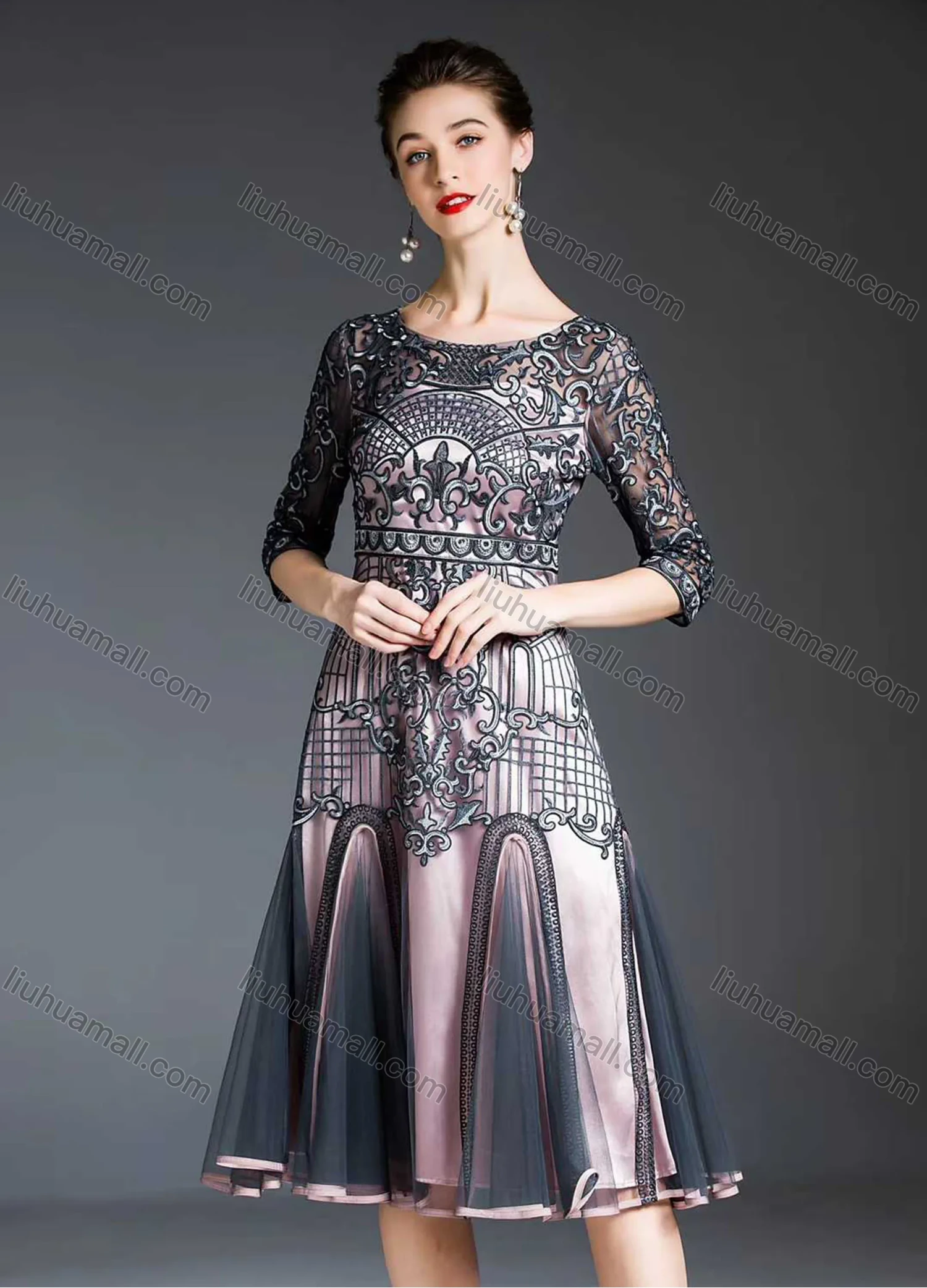 Wholesale Women's Vintage High Waist Sheer Mesh Half Sleeve Embroidery Knee Length Dress - Liuhuamall