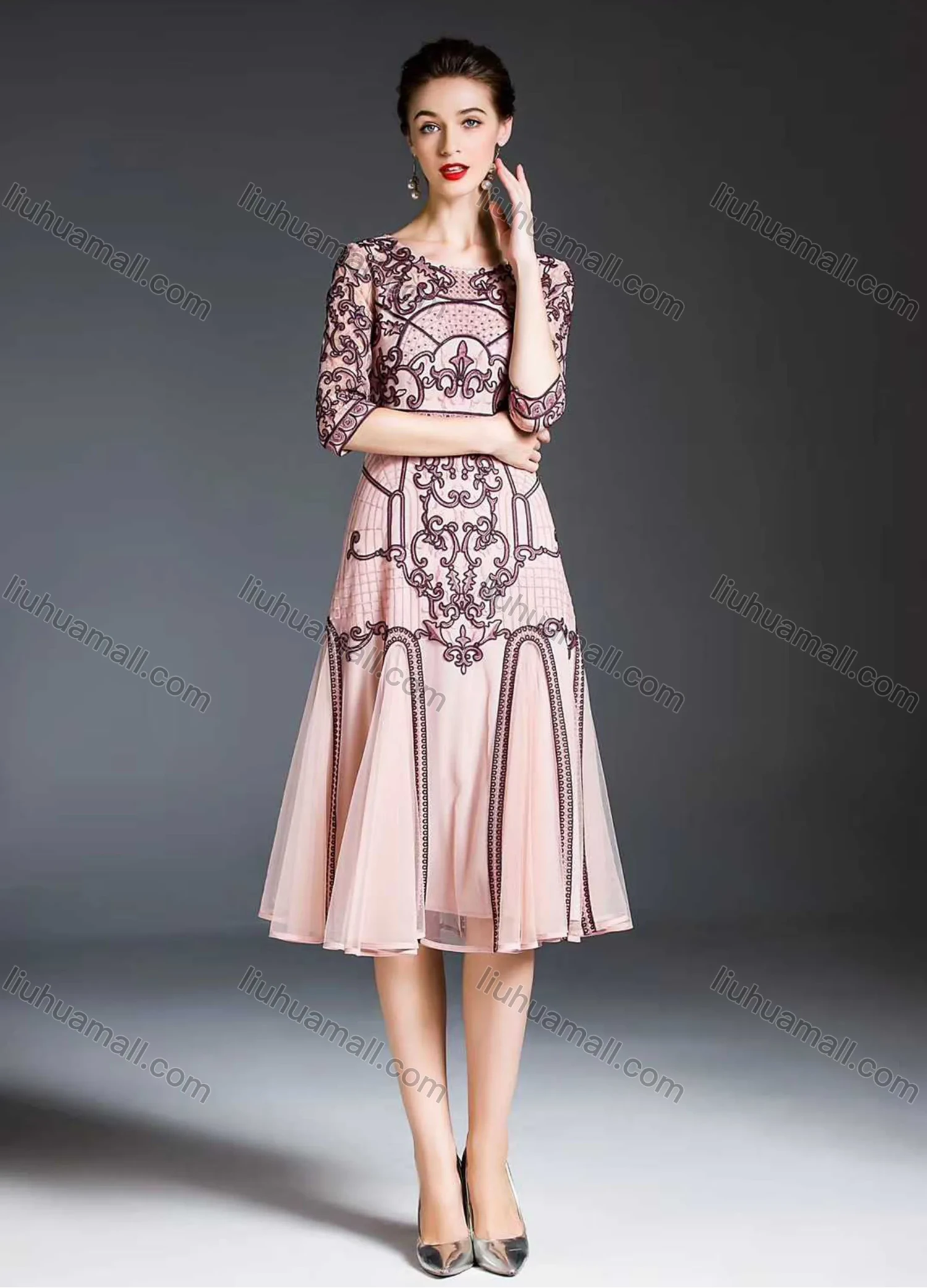 Wholesale Women's Vintage High Waist Sheer Mesh Half Sleeve Embroidery Knee Length Dress - Liuhuamall