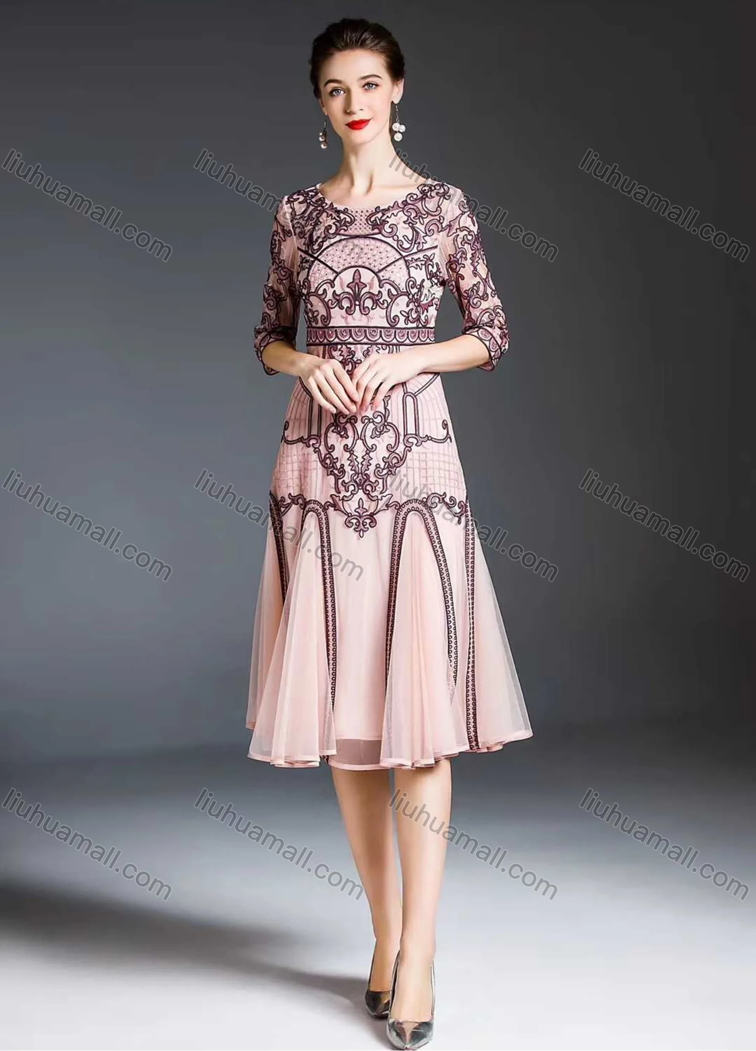 Wholesale Women's Vintage High Waist Sheer Mesh Half Sleeve Embroidery Knee Length Dress - Liuhuamall