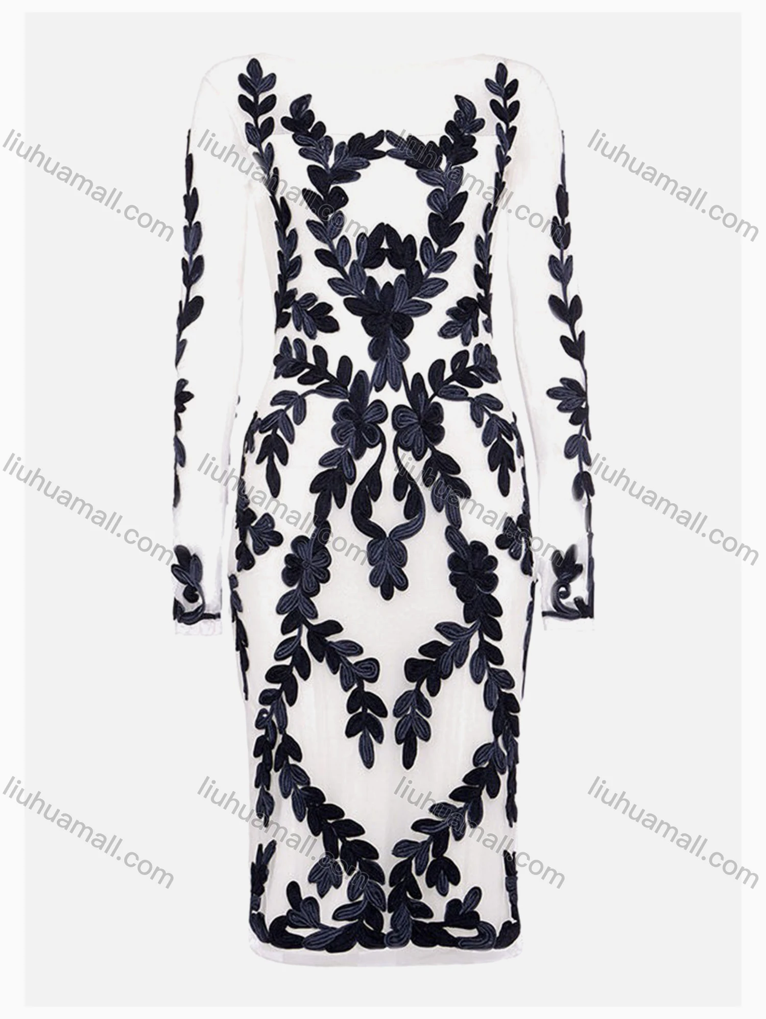 Wholesale Women's Vintage Long Sleeve High Waist Sheer Mesh Appliques Knee Length Dress - Liuhuamall