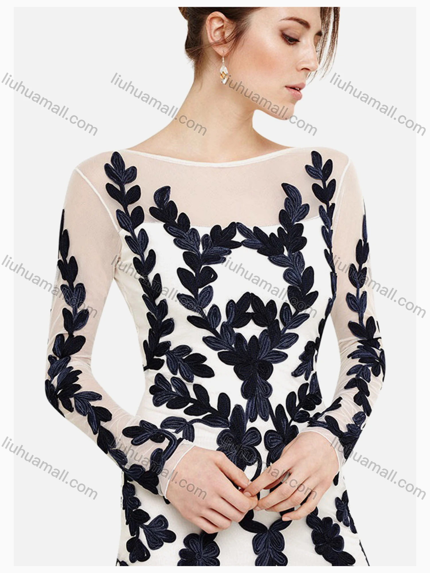 Wholesale Women's Vintage Long Sleeve High Waist Sheer Mesh Appliques Knee Length Dress - Liuhuamall