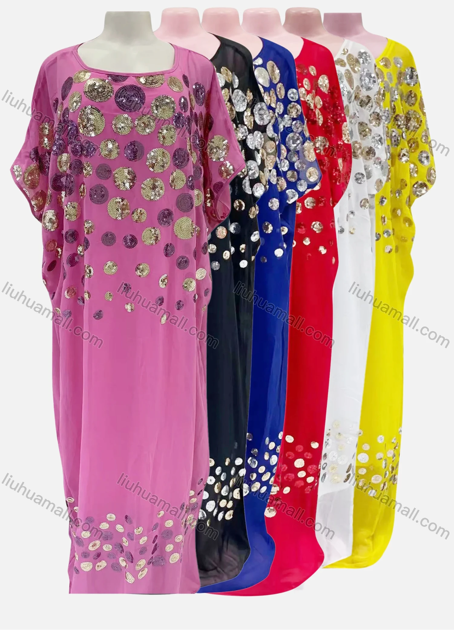 Wholesale Women's Vintage Sequin Polka Dot Pullover Maxi Kaftan Dress - Liuhuamall