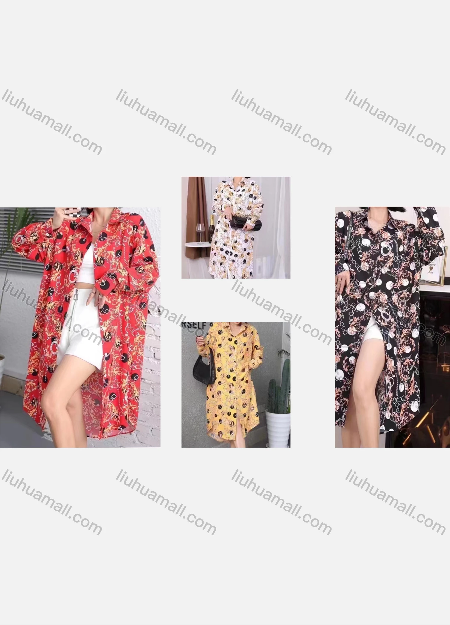 Wholesale Women's Casual Collared Long Sleeve Baroque Print Midi Shirt Dress - Liuhuamall