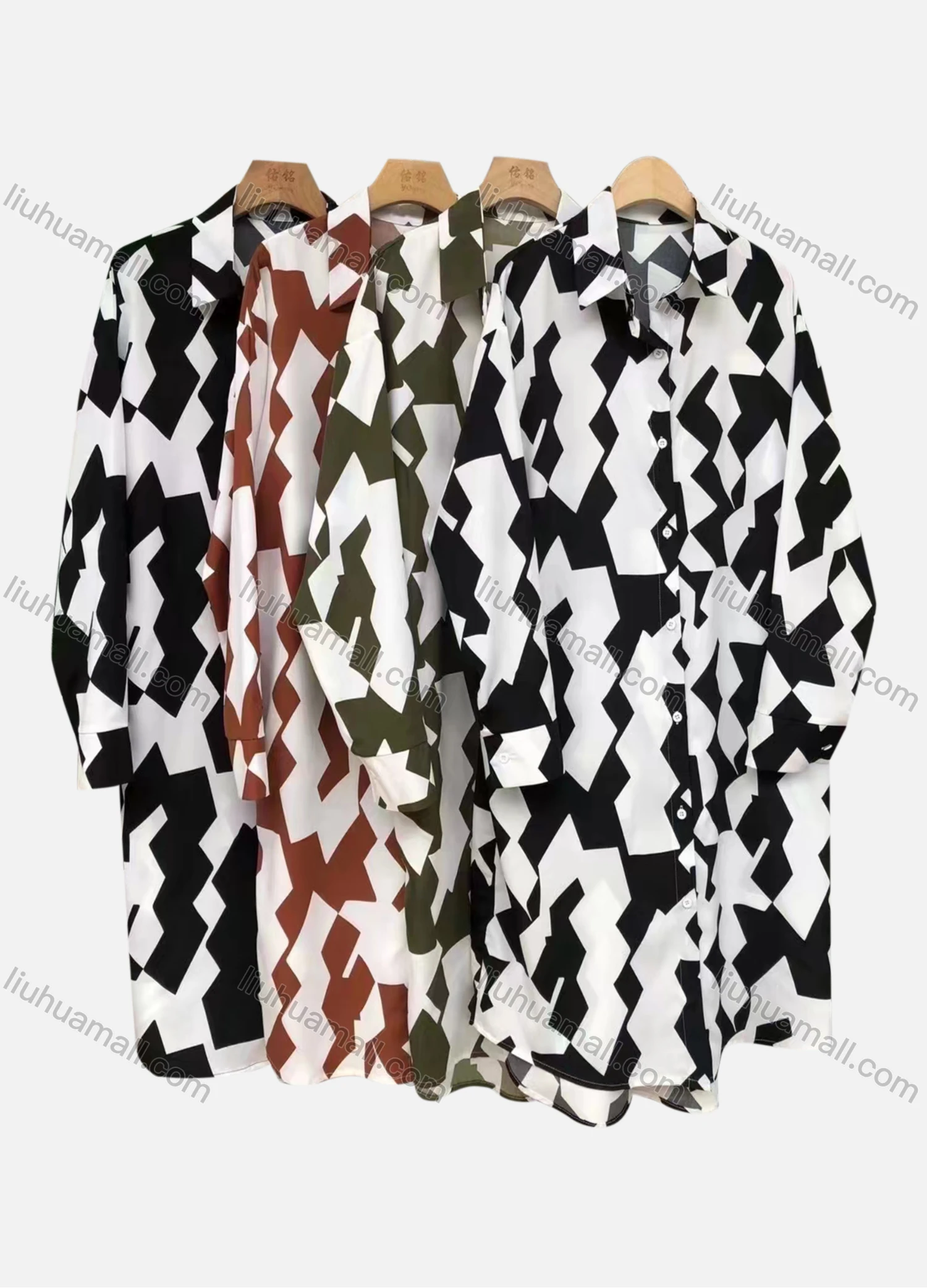 Wholesale Women's Casual Collared Long Sleeve Allover Print Midi Shirt Dress - Liuhuamall