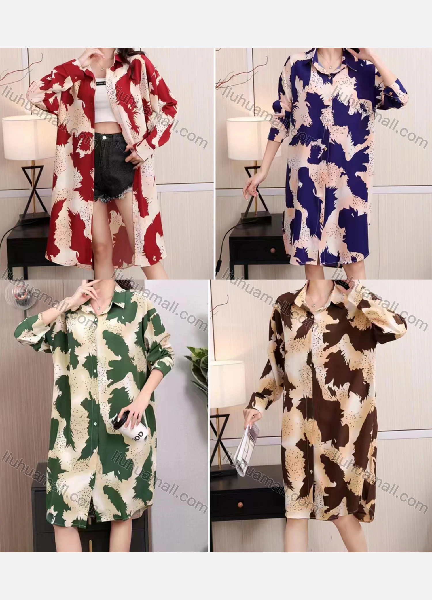 Wholesale Women's Casual Collared Long Sleeve Allover Print Midi Shirt Dress - Liuhuamall