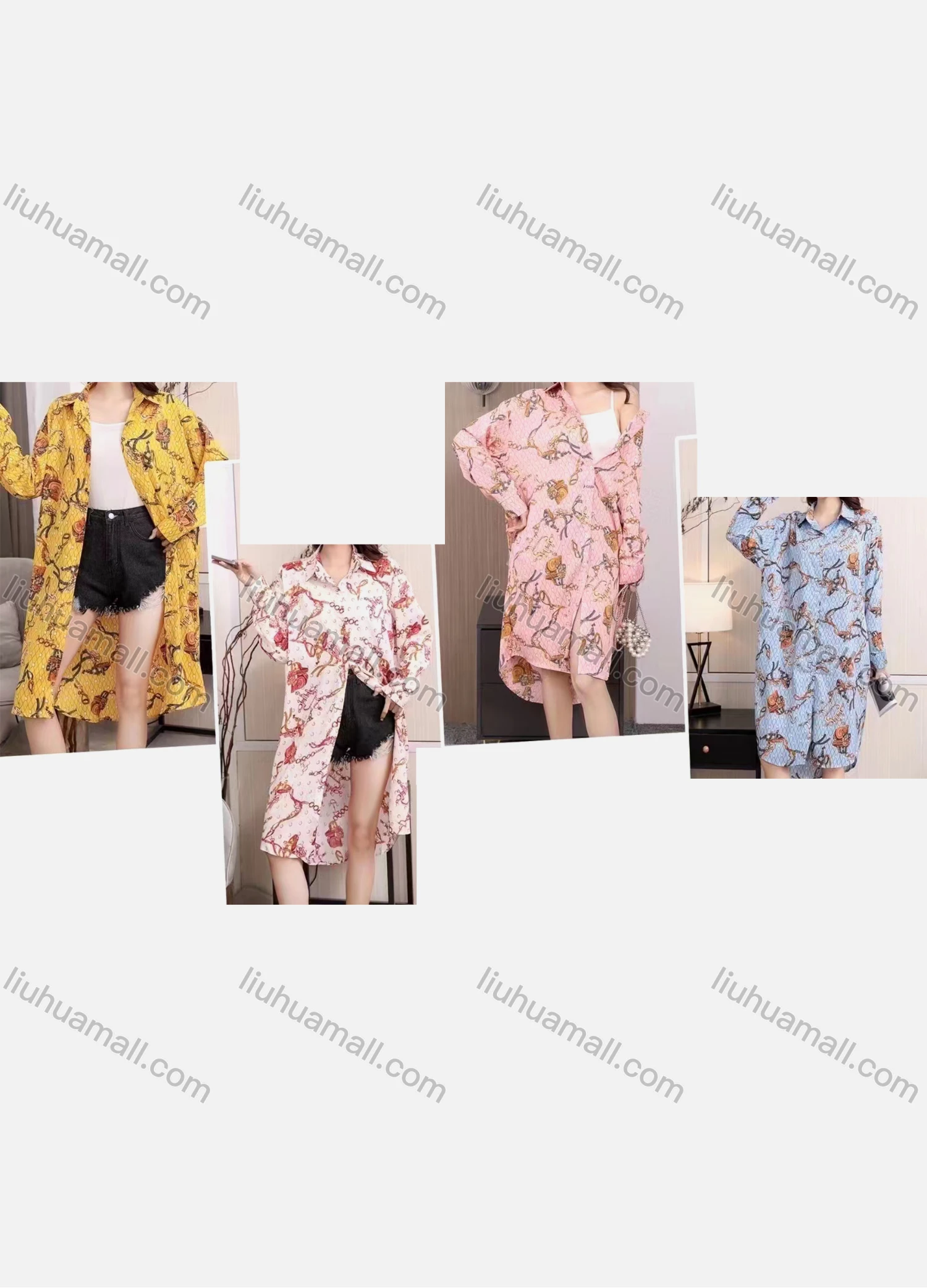 Wholesale Women's Casual Collared Long Sleeve Baroque Print Midi Shirt Dress - Liuhuamall