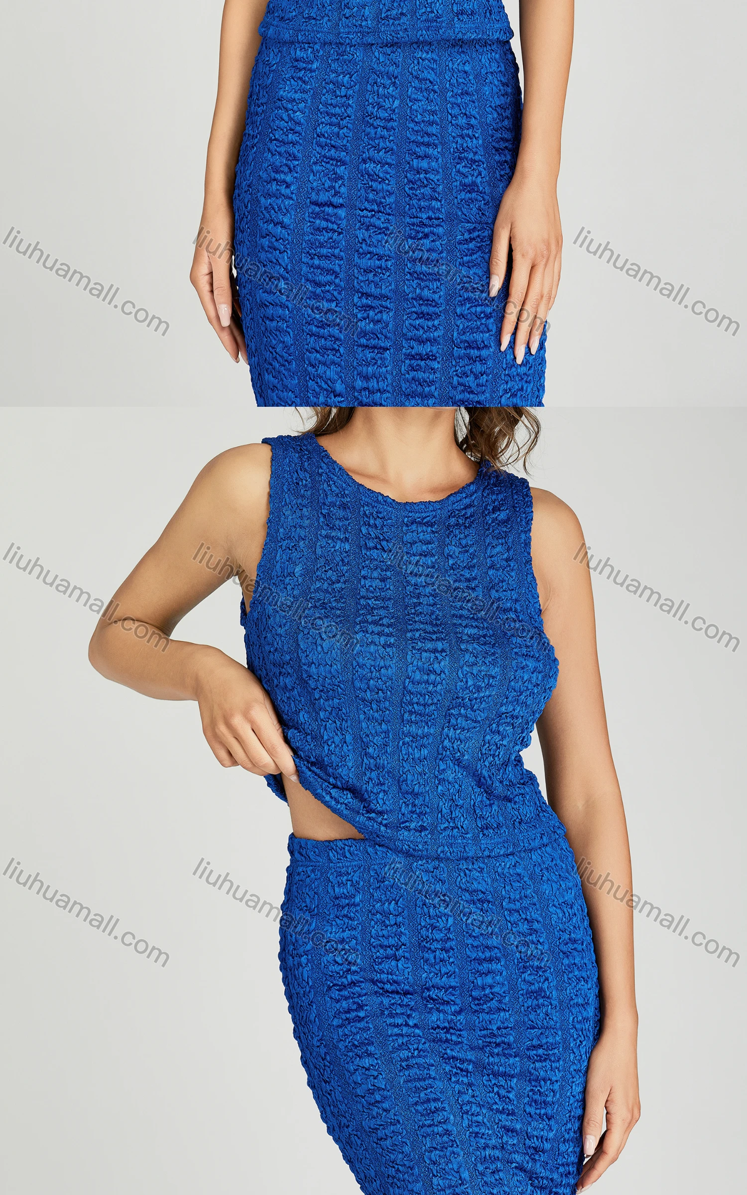 Wholesale Women's Casual Plain Shirred Striped Tank Top & Bodycon Skirt 2 Piece Set 050-2# - Liuhuamall