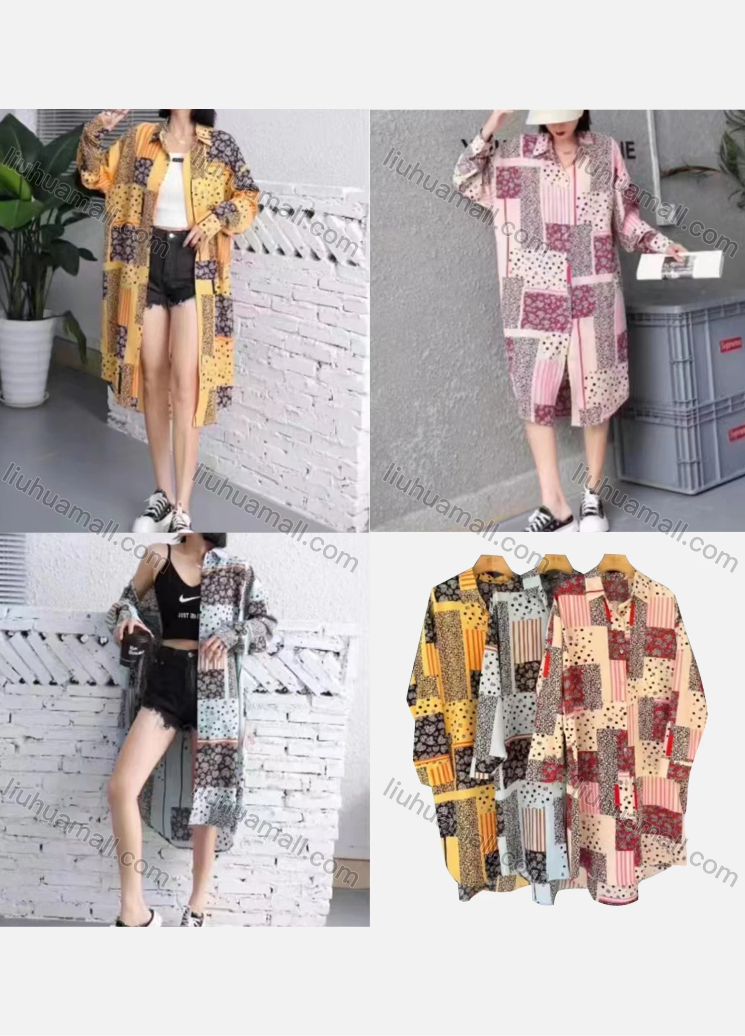Wholesale Women's Casual Collared Long Sleeve Allover Print Midi Shirt Dress - Liuhuamall