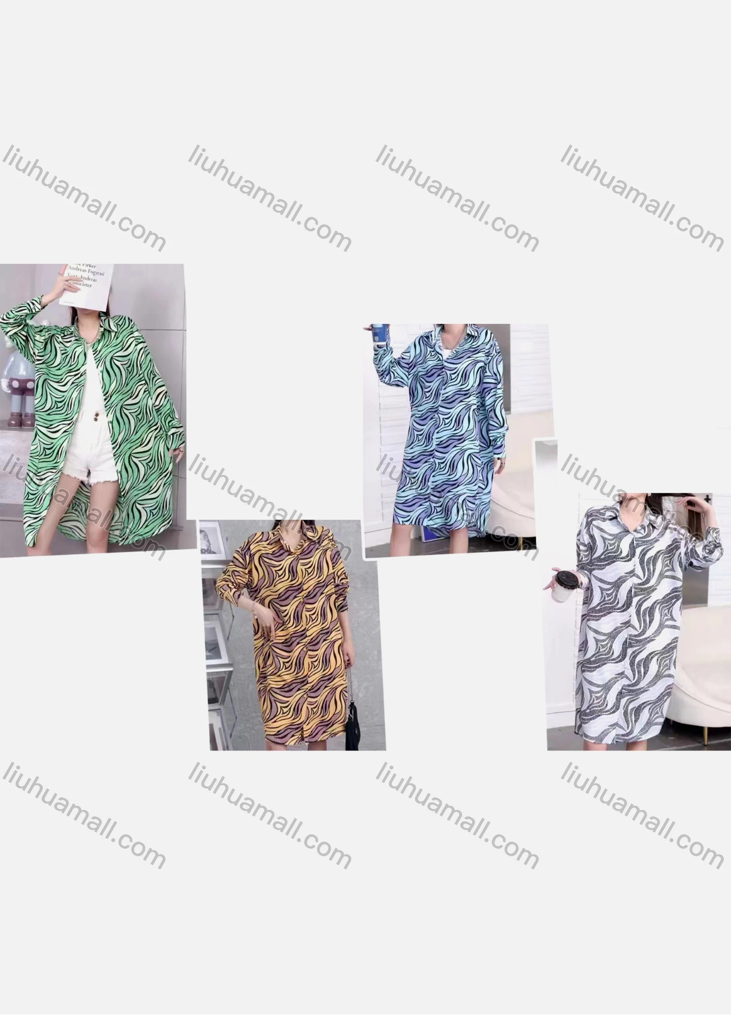 Wholesale Women's Casual Collared Long Sleeve Allover Print Midi Shirt Dress - Liuhuamall