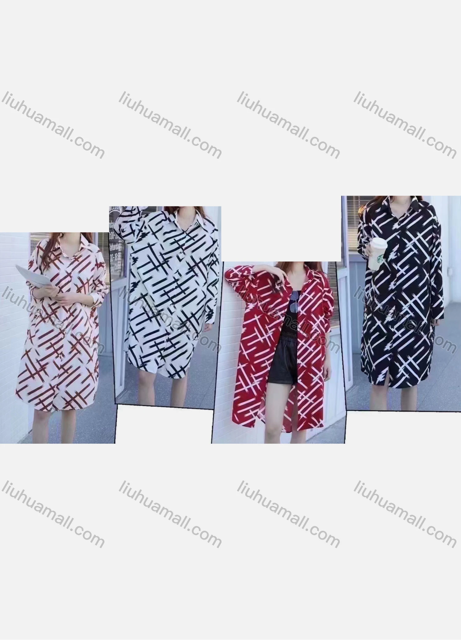 Wholesale Women's Casual Collared Long Sleeve Allover Print Midi Shirt Dress - Liuhuamall