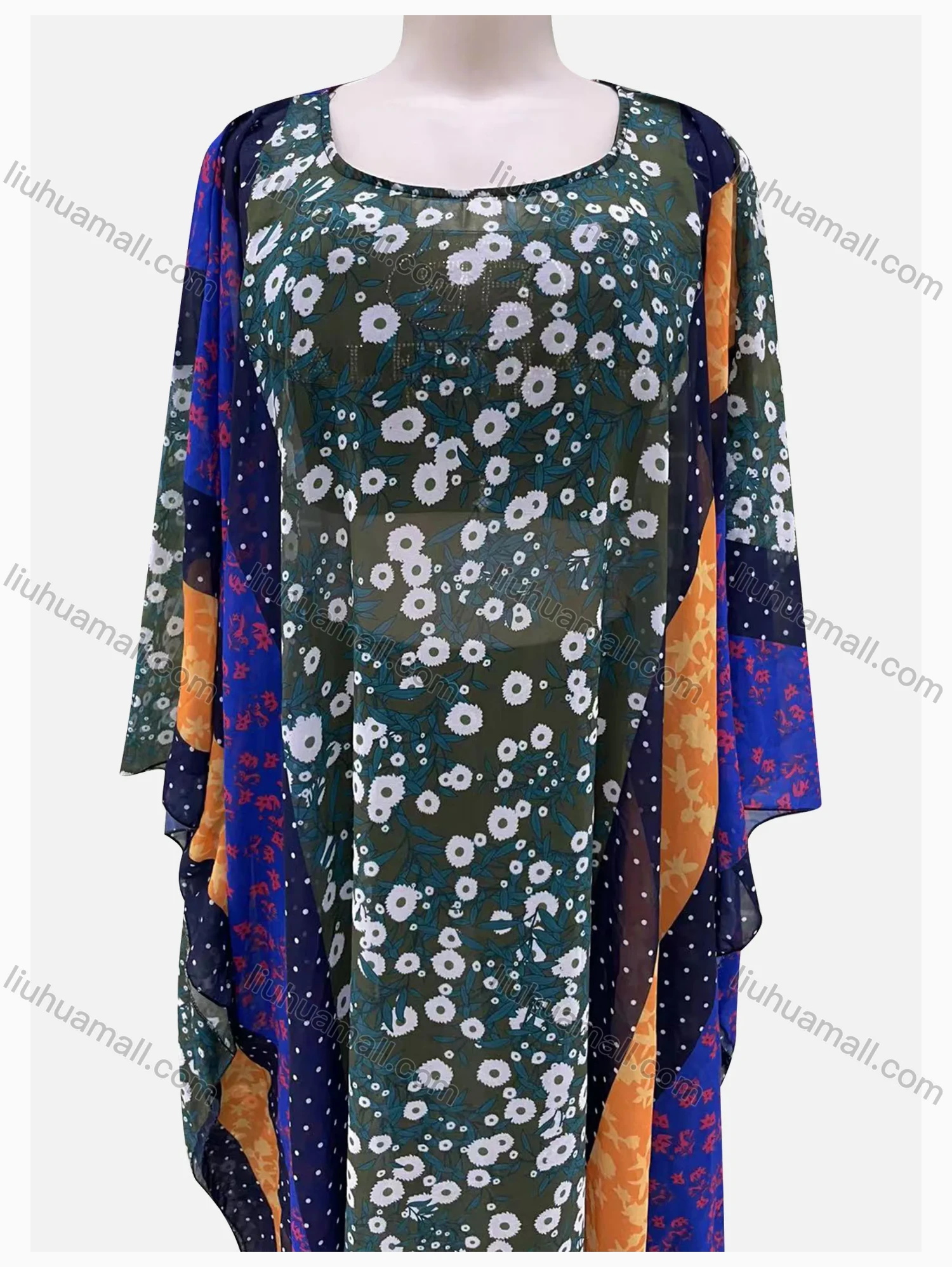 Wholesale Women's Vintage Muslim Loose Fit Allover Print Splicing Pullover Maxi Kaftan Dress - Liuhuamall