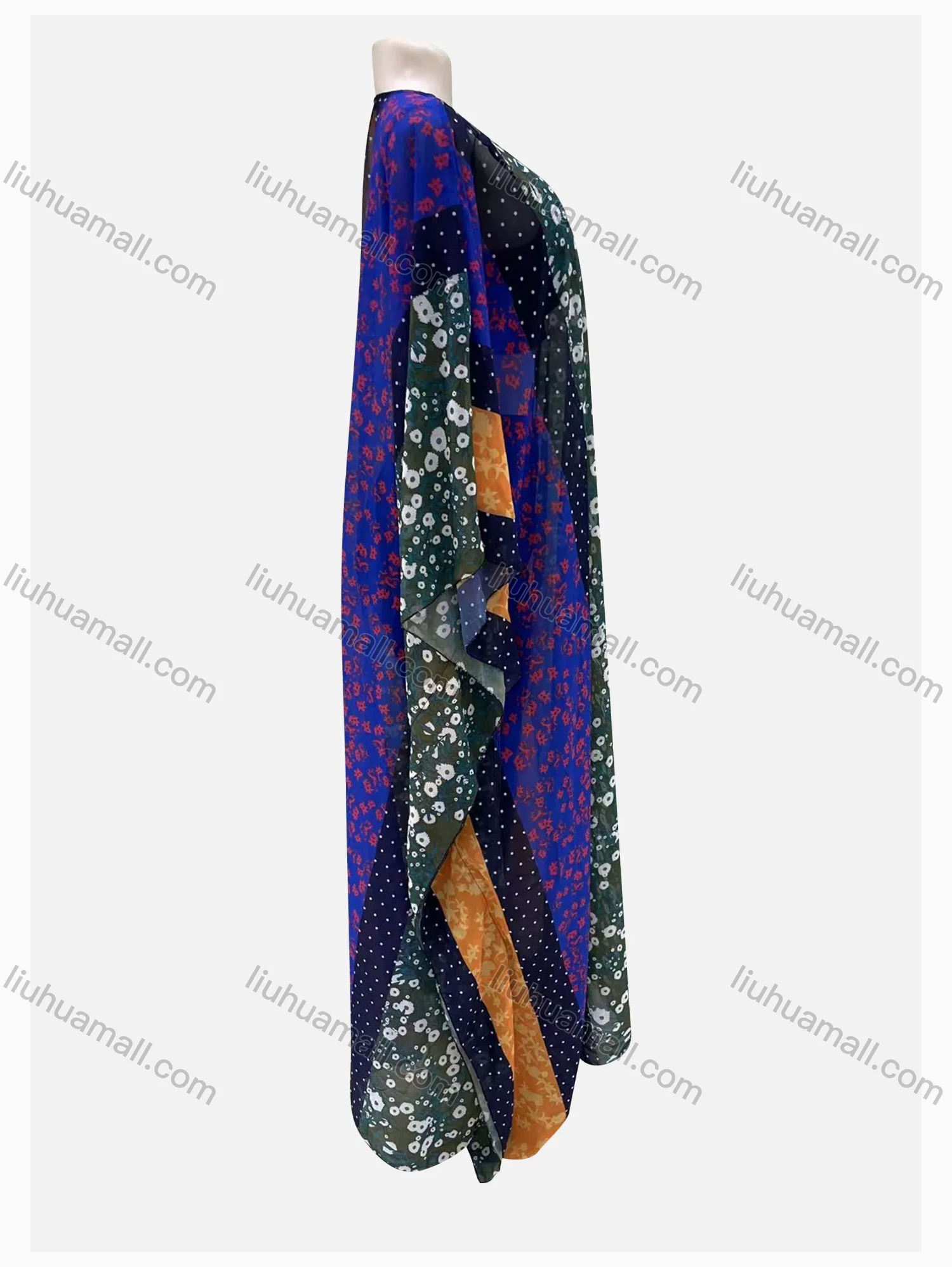 Wholesale Women's Vintage Muslim Loose Fit Allover Print Splicing Pullover Maxi Kaftan Dress - Liuhuamall