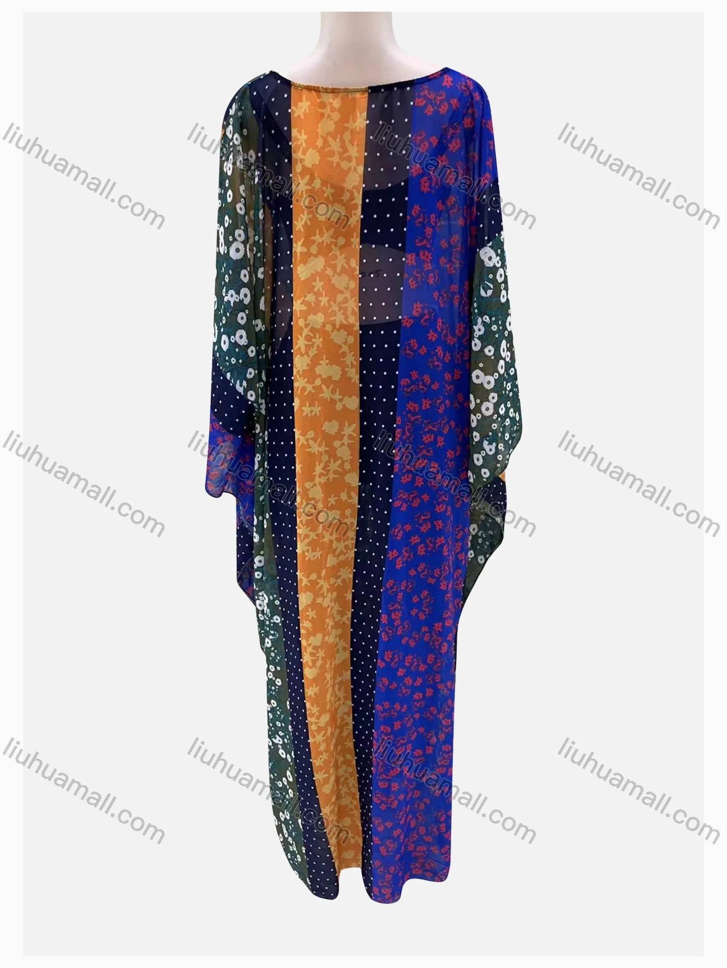 Wholesale Women's Vintage Muslim Loose Fit Allover Print Splicing Pullover Maxi Kaftan Dress - Liuhuamall