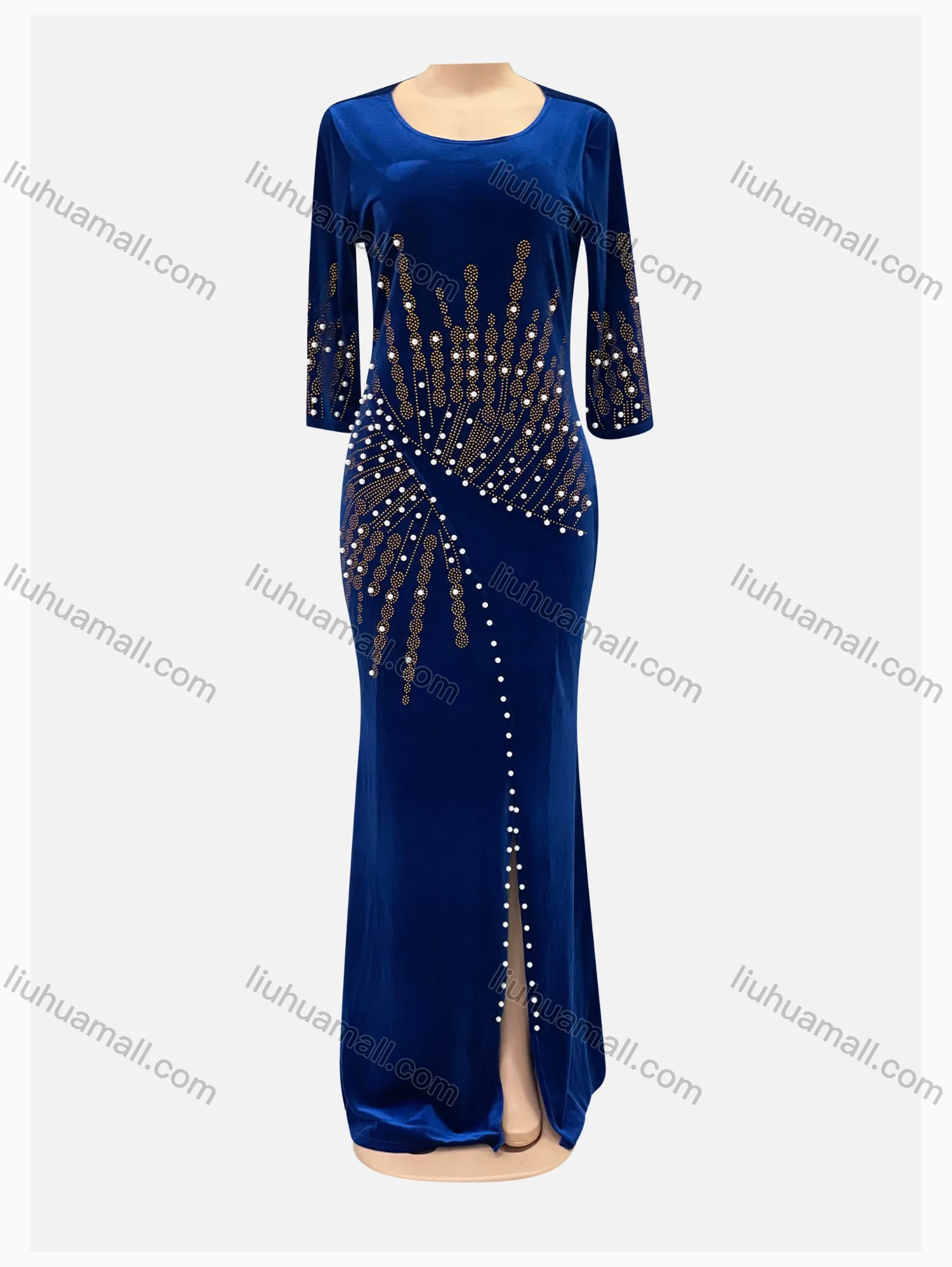 Wholesale Women's Elegant Rhinestone Beaded Velvet Slit Front 3/4 Sleeve Bodycon Maxi Dress - Liuhuamall