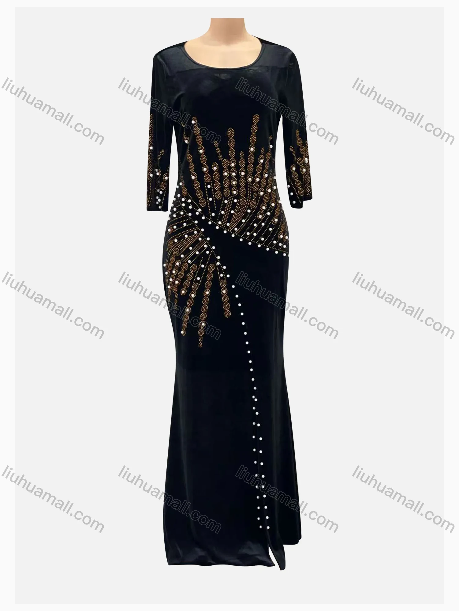 Wholesale Women's Elegant Rhinestone Beaded Velvet Slit Front 3/4 Sleeve Bodycon Maxi Dress - Liuhuamall