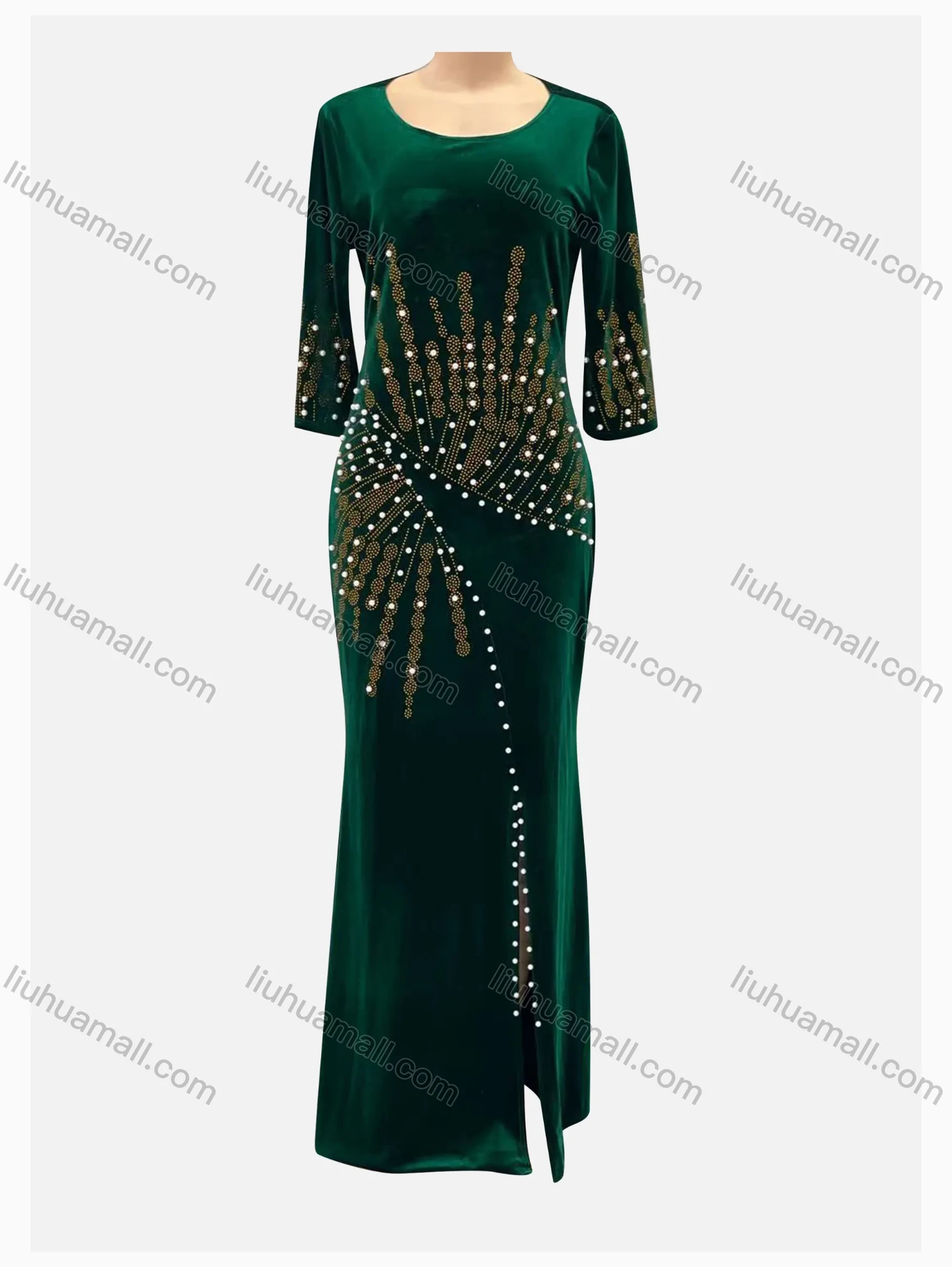 Wholesale Women's Elegant Rhinestone Beaded Velvet Slit Front 3/4 Sleeve Bodycon Maxi Dress - Liuhuamall