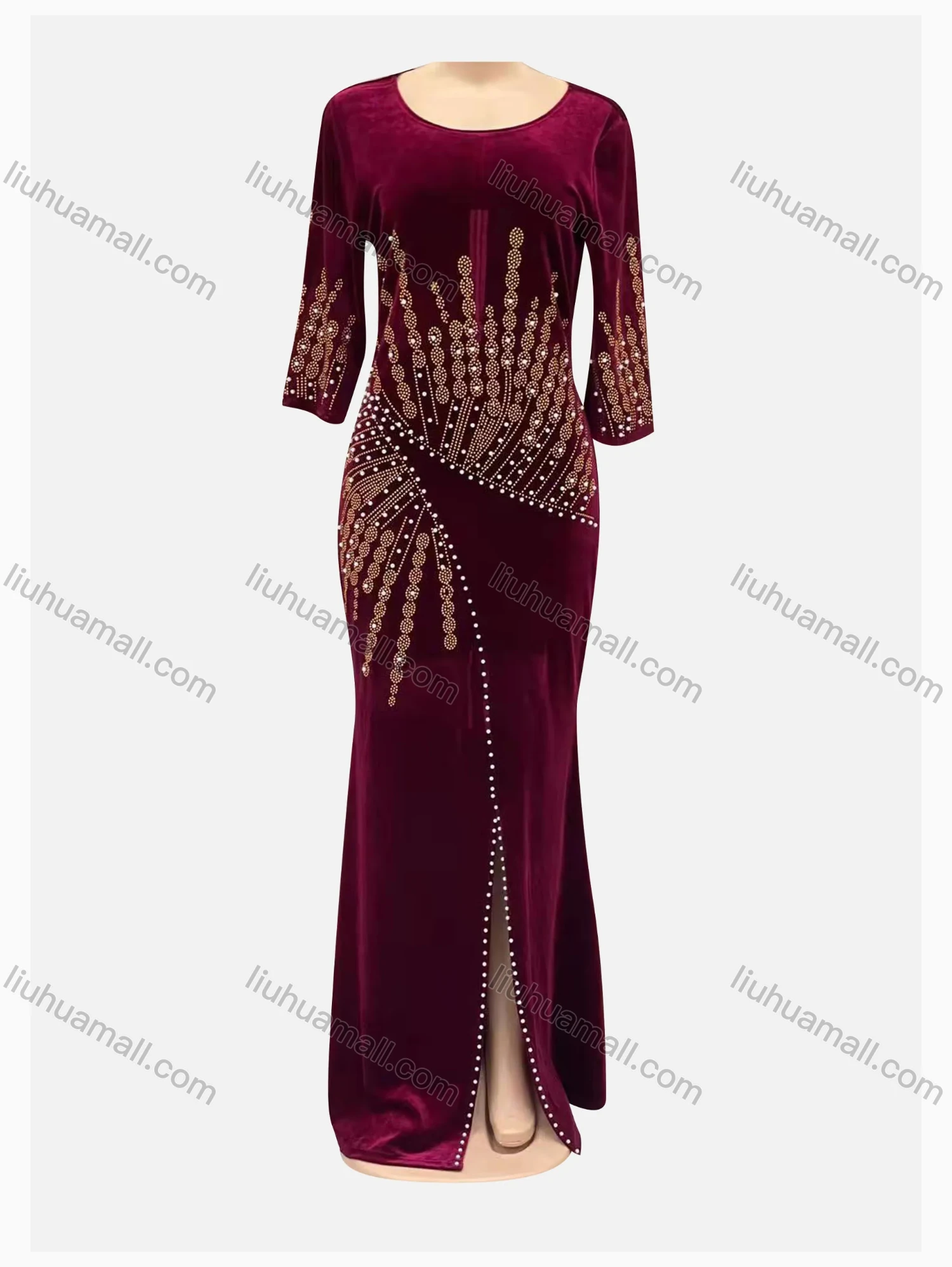 Wholesale Women's Elegant Rhinestone Beaded Velvet Slit Front 3/4 Sleeve Bodycon Maxi Dress - Liuhuamall