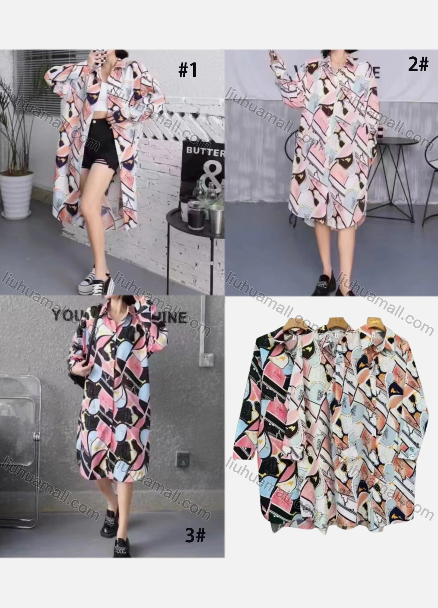 Wholesale Women's Casual Collared Long Sleeve Allover Print Midi Shirt Dress - Liuhuamall