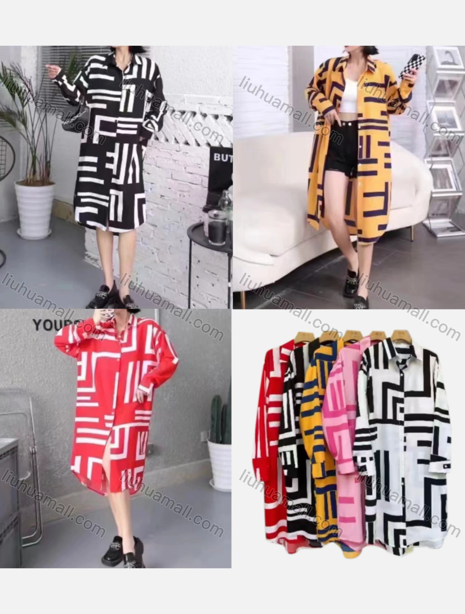 Wholesale Women's Casual Collared Long Sleeve Allover Print Midi Shirt Dress - Liuhuamall
