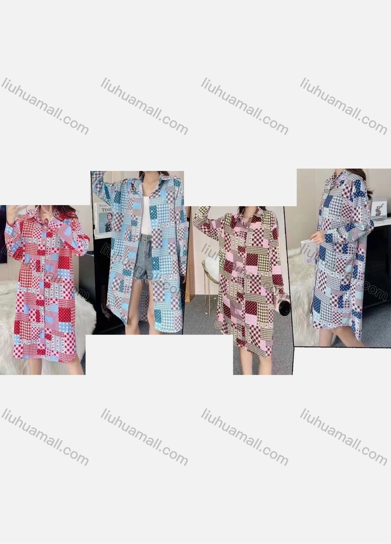 Wholesale Women's Casual Collared Long Sleeve Allover Print Midi Shirt Dress - Liuhuamall