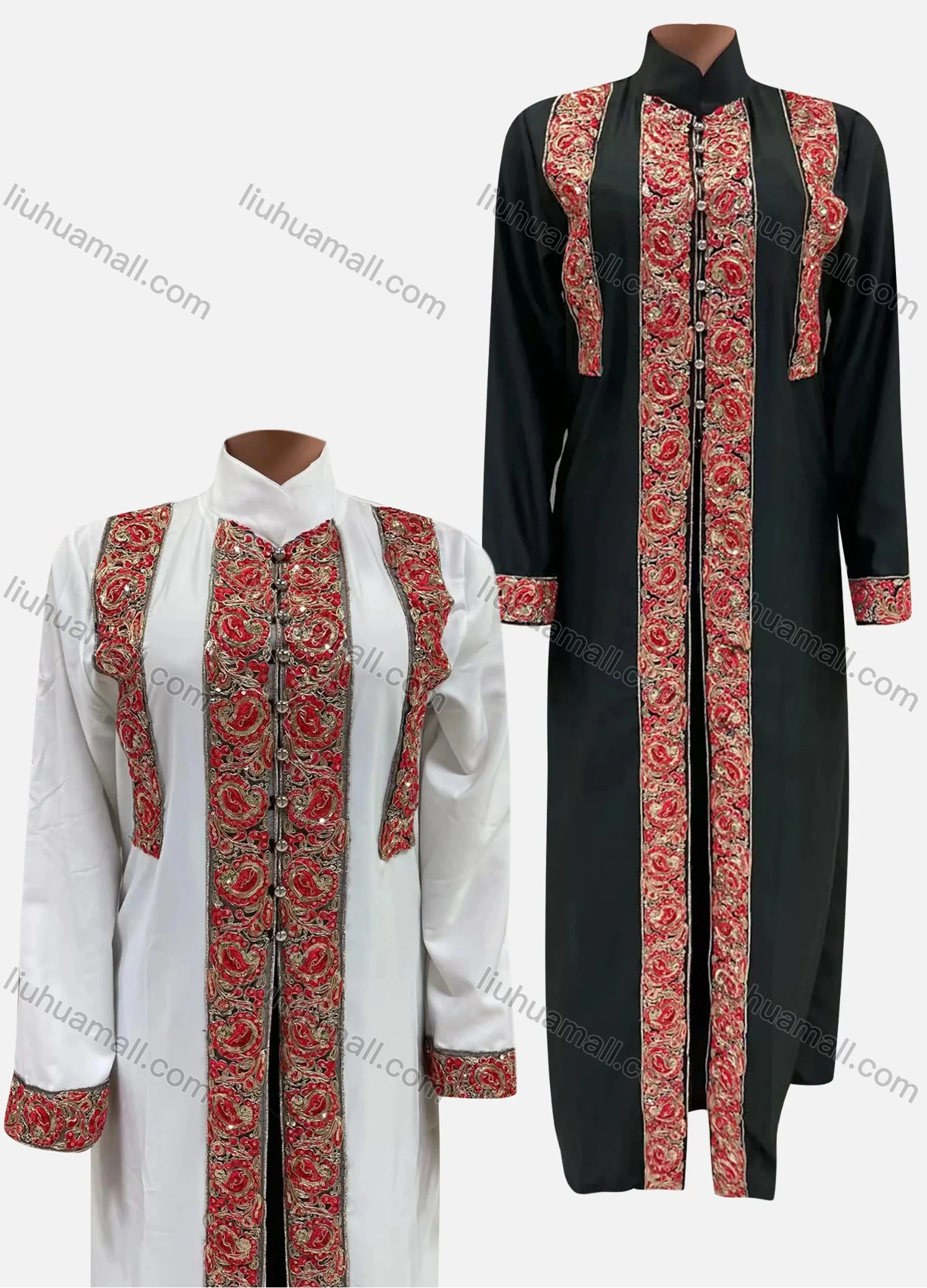 Wholesale Women's Vintage Stand Collar Long Sleeve Floral Embroidery Abaya Maxi Dress - Liuhuamall