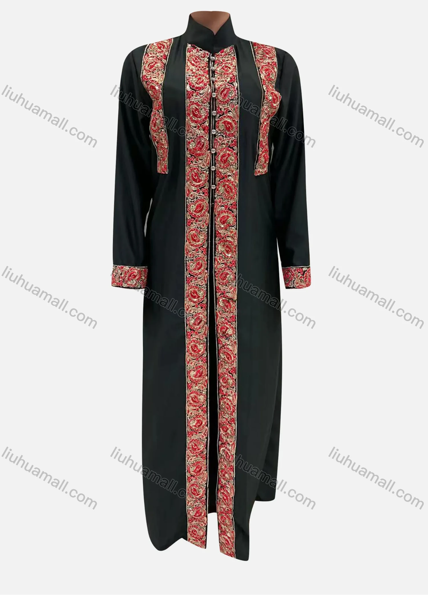 Wholesale Women's Vintage Stand Collar Long Sleeve Floral Embroidery Abaya Maxi Dress - Liuhuamall