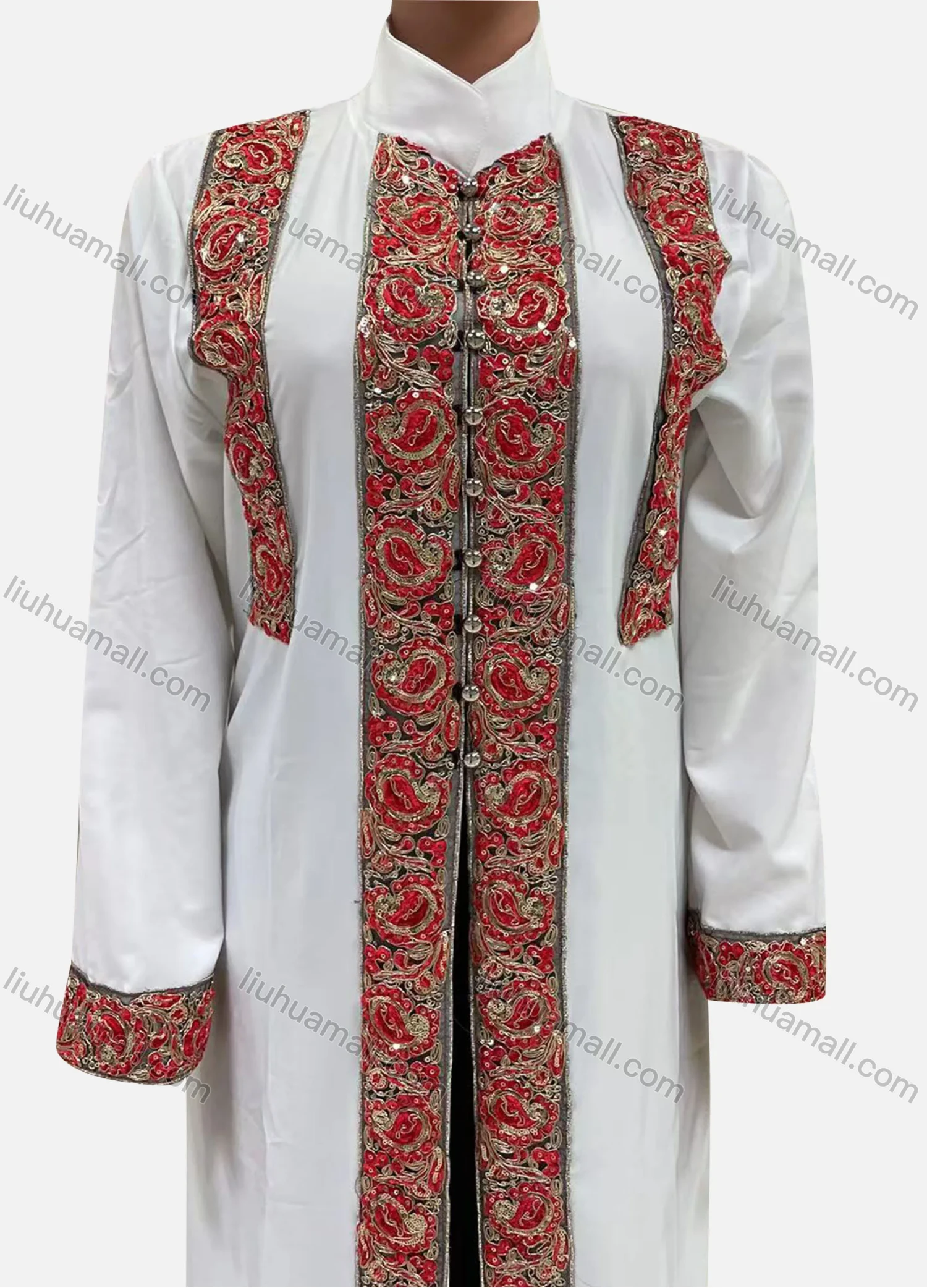 Wholesale Women's Vintage Stand Collar Long Sleeve Floral Embroidery Abaya Maxi Dress - Liuhuamall