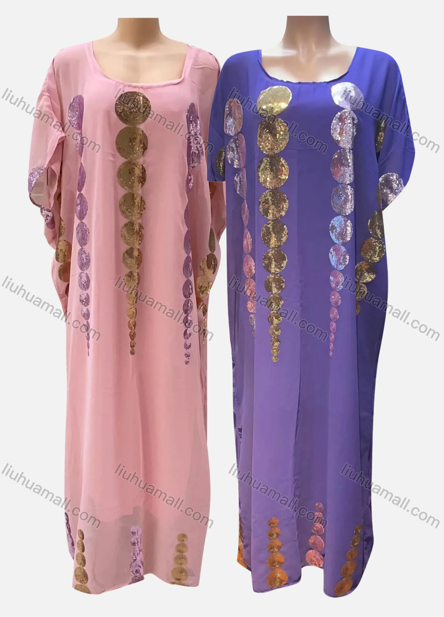Wholesale Women's Vintage Square Neck Sequin Beaded Pullover Maxi Kaftan Dress - Liuhuamall