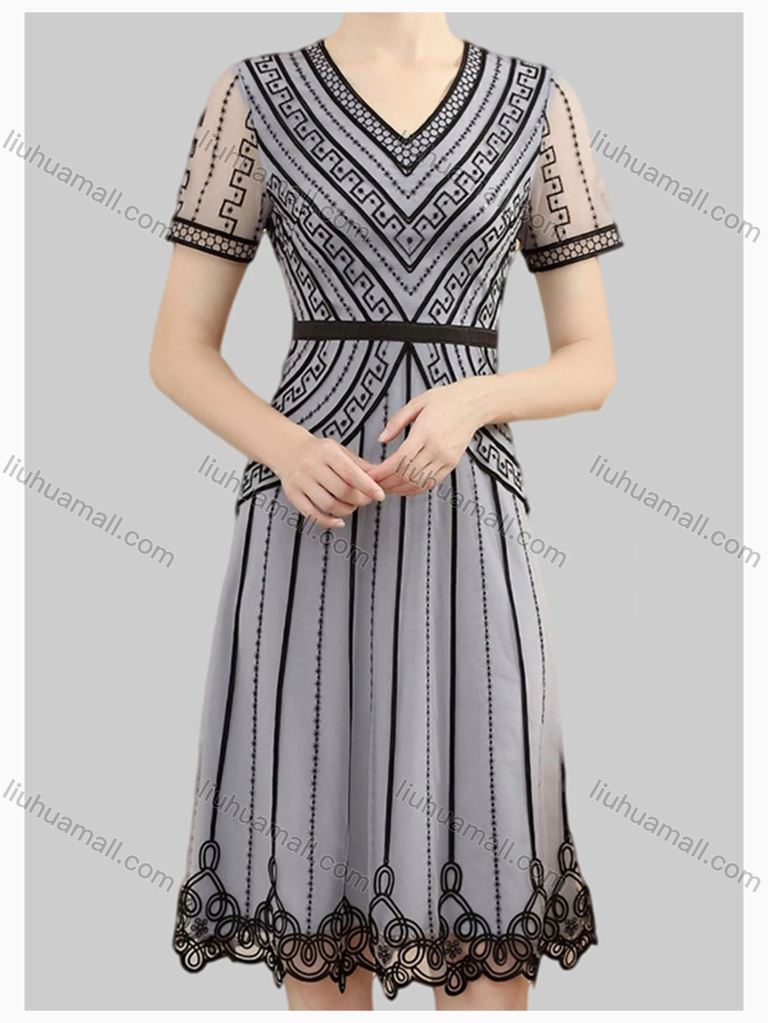 Wholesale Women's Elegant High Waist Lace Sheer Mesh Half Sleeve Allover Embroidery Knee Length Dress - Liuhuamall