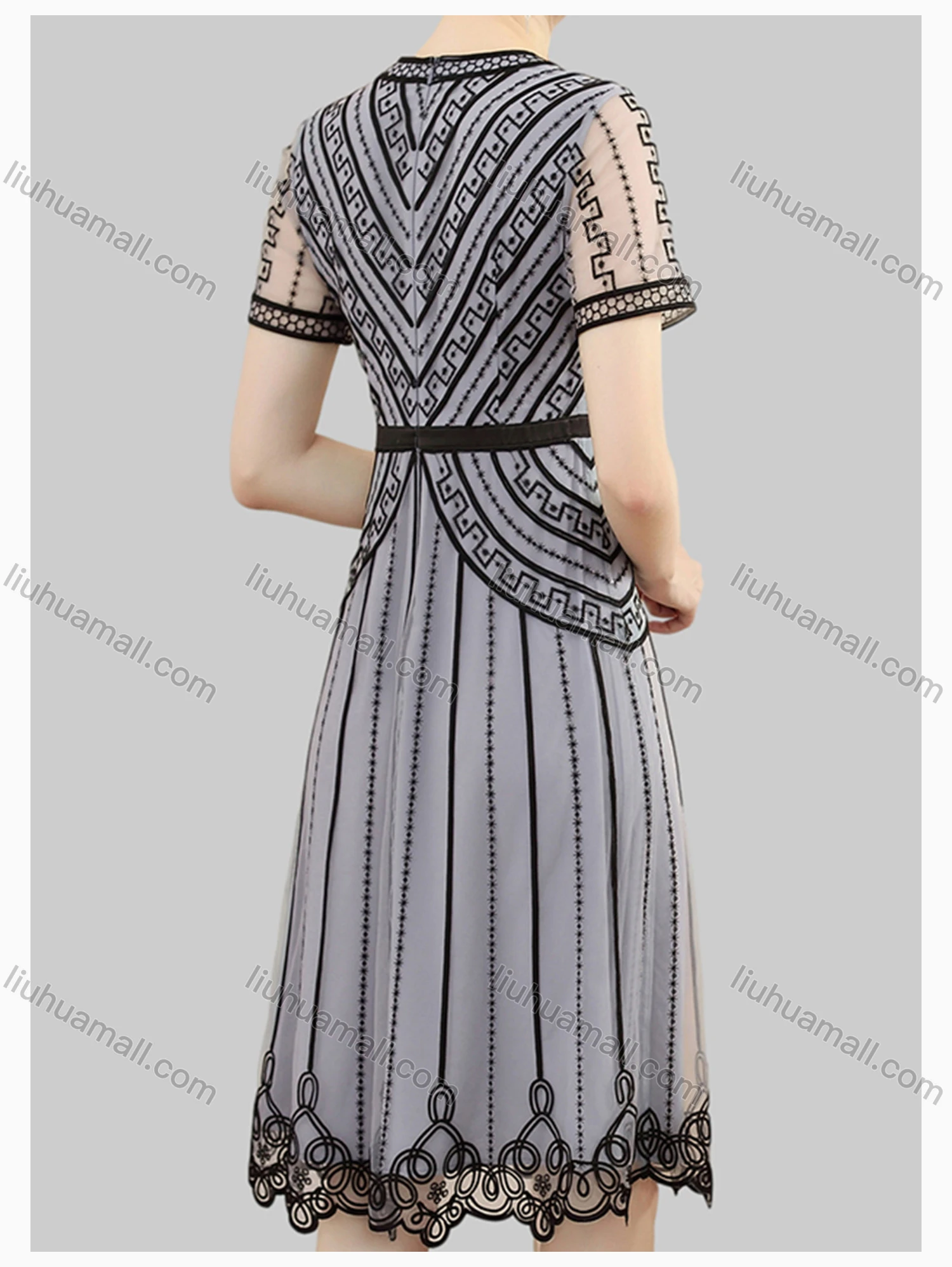 Wholesale Women's Elegant High Waist Lace Sheer Mesh Half Sleeve Allover Embroidery Knee Length Dress - Liuhuamall