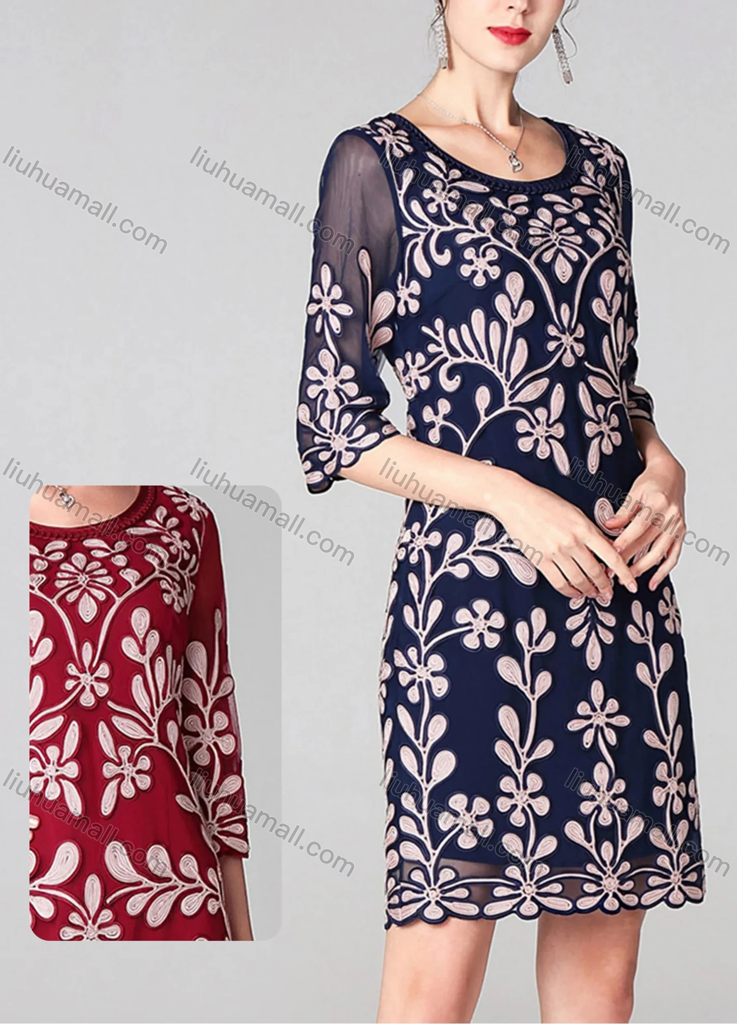 Wholesale Women's Elegant High Waist Crew Neck Half Sleeve Floral Embroidery Knee Length Dress - Liuhuamall