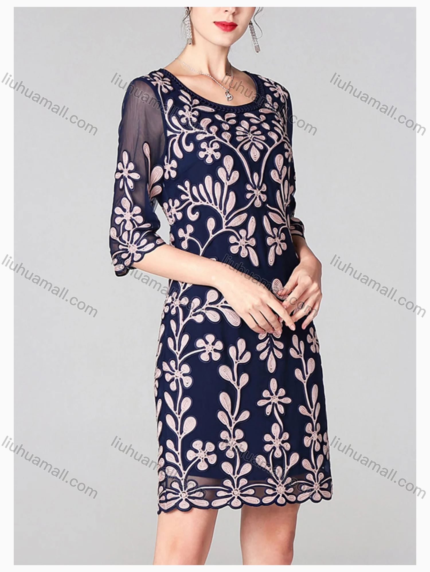 Wholesale Women's Elegant High Waist Crew Neck Half Sleeve Floral Embroidery Knee Length Dress - Liuhuamall