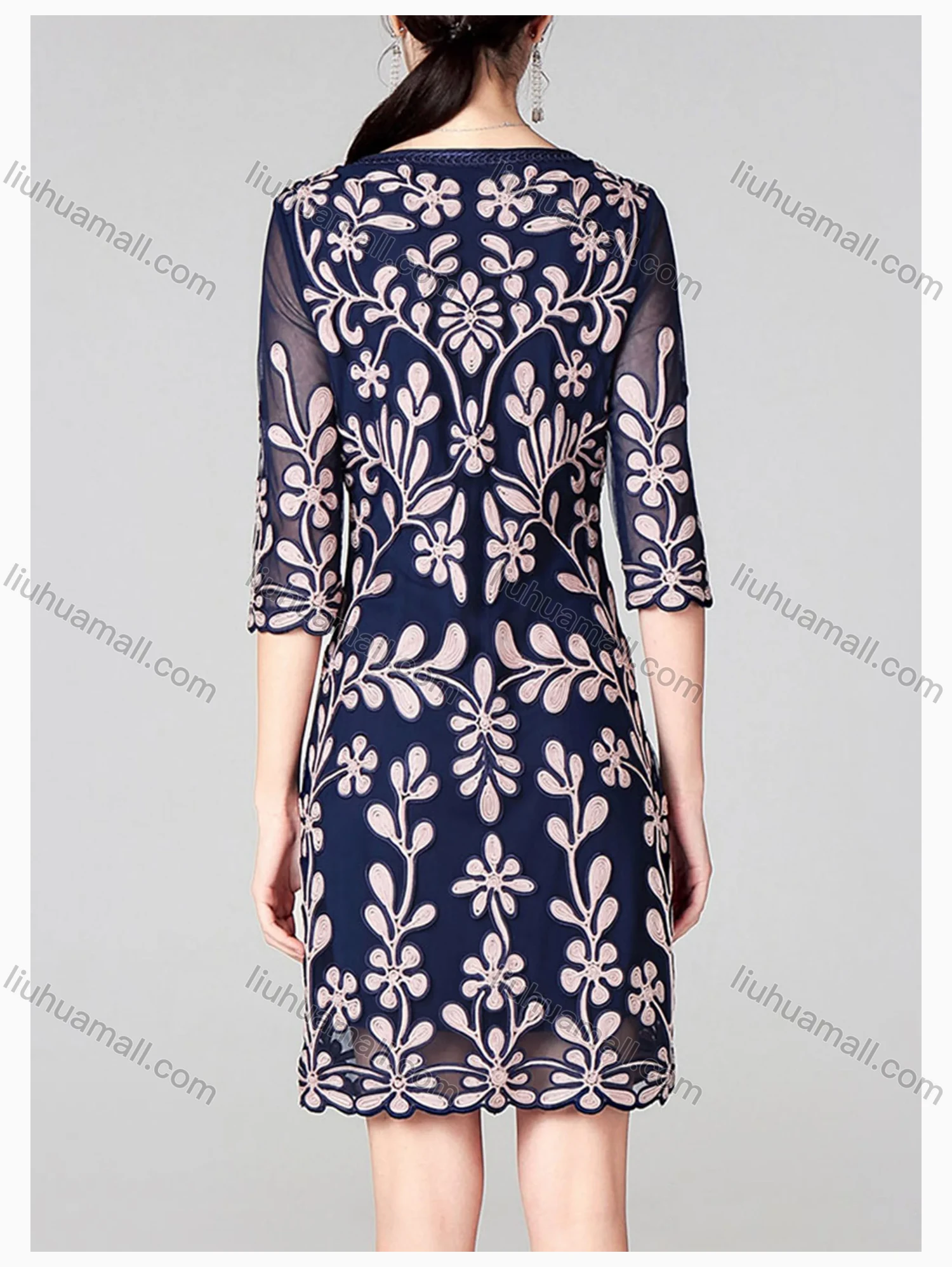 Wholesale Women's Elegant High Waist Crew Neck Half Sleeve Floral Embroidery Knee Length Dress - Liuhuamall
