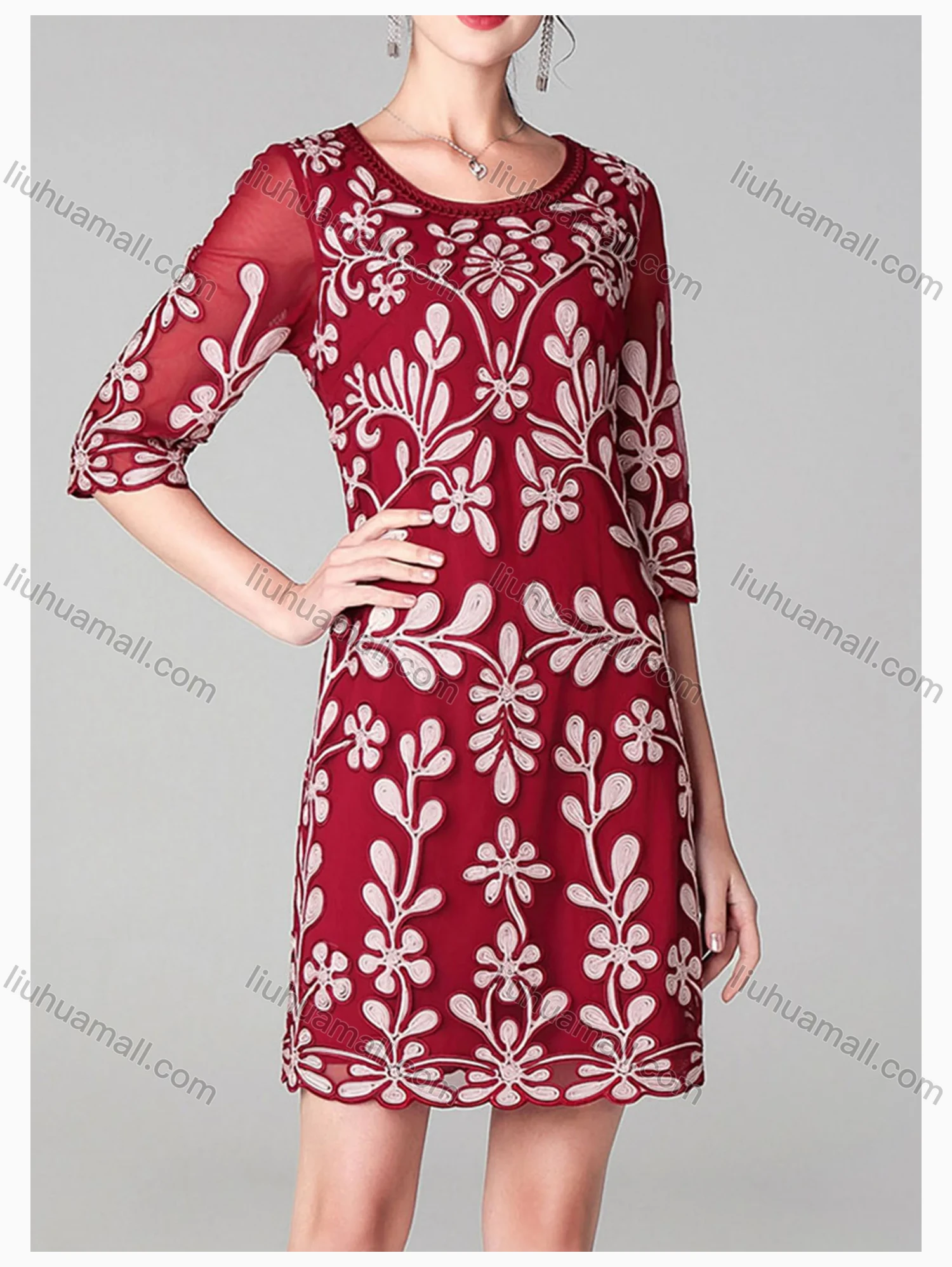 Wholesale Women's Elegant High Waist Crew Neck Half Sleeve Floral Embroidery Knee Length Dress - Liuhuamall