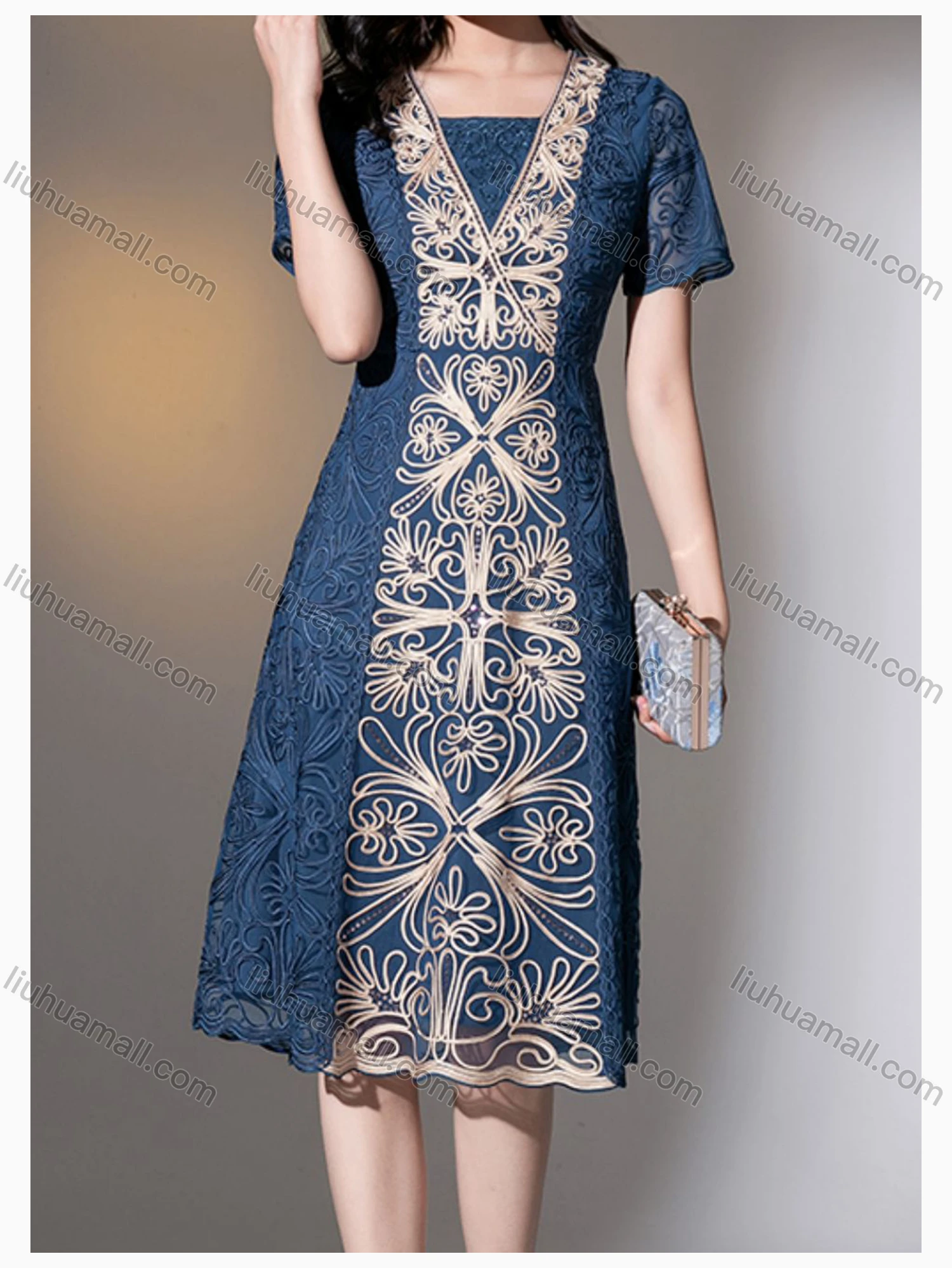 Wholesale Women's Elegant High Waist Square Neck Half Sleeve Allover Embroidery Knee Length Dress - Liuhuamall