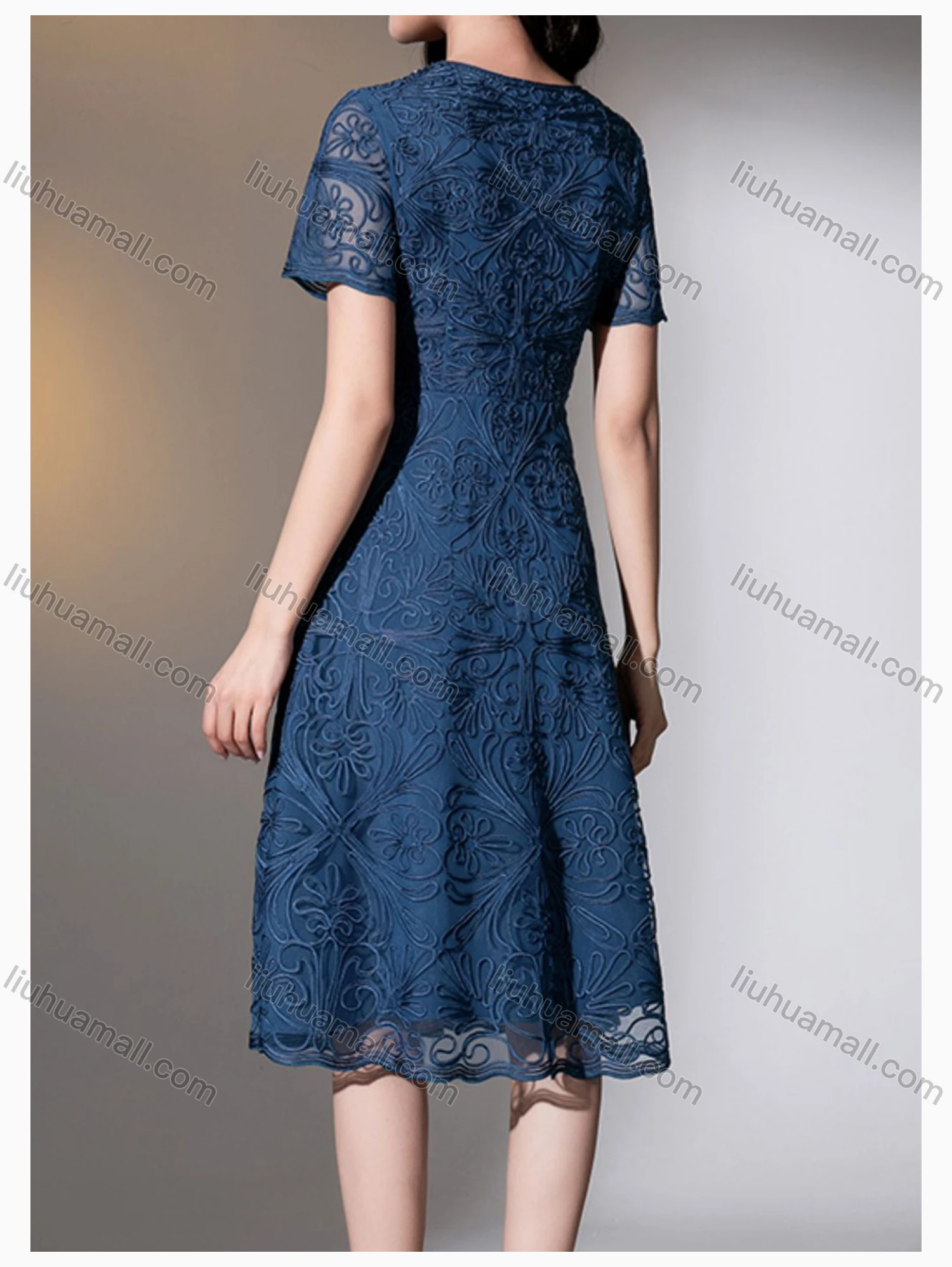 Wholesale Women's Elegant High Waist Square Neck Half Sleeve Allover Embroidery Knee Length Dress - Liuhuamall
