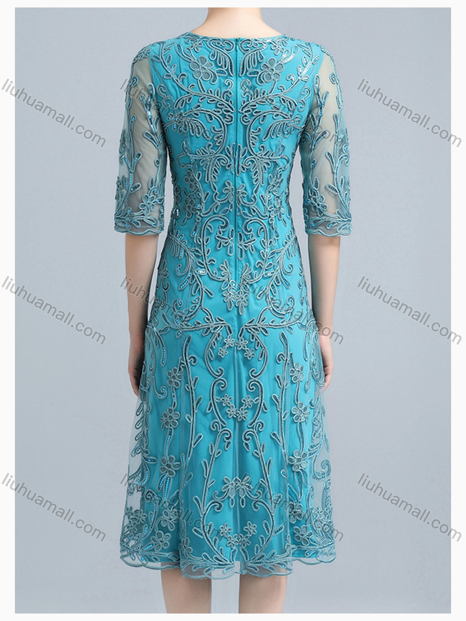 Wholesale Women's Elegant High Waist Crew Neck Sheer Mesh Half Sleeve Allover Embroidery Knee Length Dress - Liuhuamall