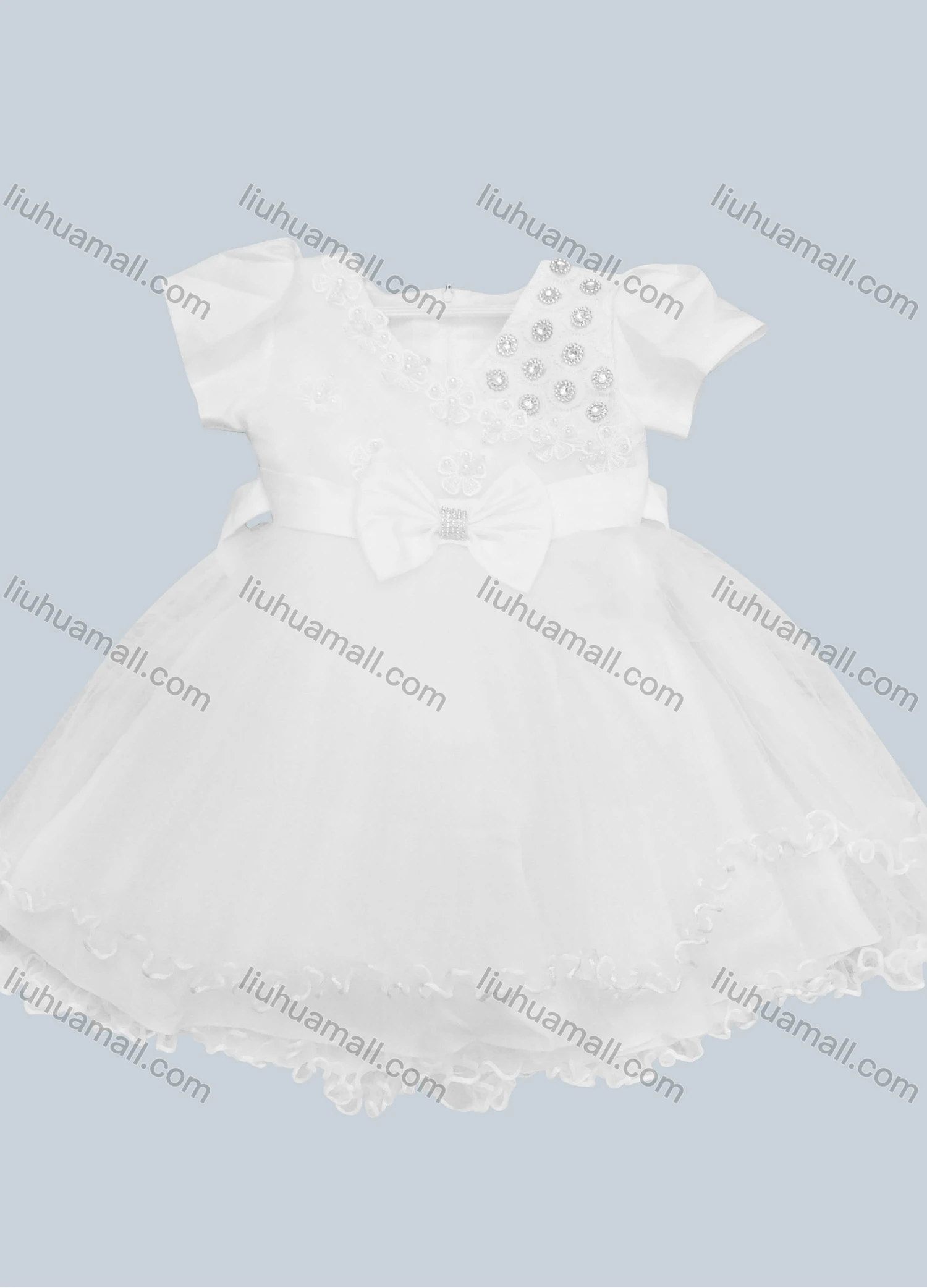 Wholesale Girls Lovely Short Sleeve 3D Floral Rhinestone Appliques Ruched Tiered Ruffle Trim Dress - Liuhuamall