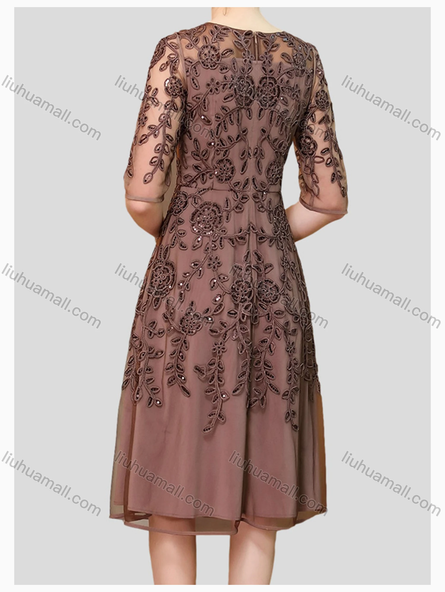 Wholesale Women's Elegant High Waist Crew Neck Short Sleeve Sheer Mesh Allover Embroidery Knee Length Dress - Liuhuamall