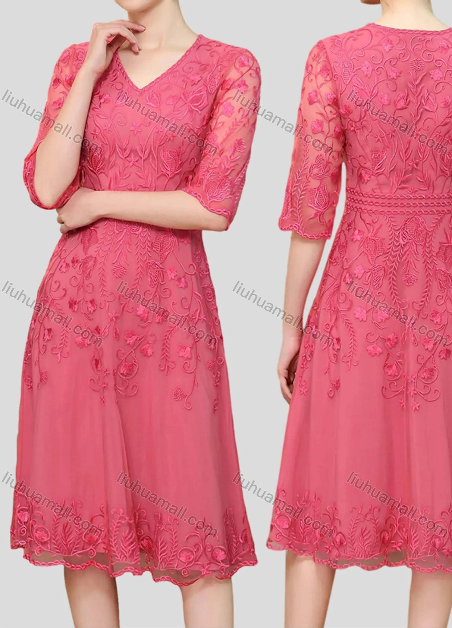 Wholesale Women's Elegant High Waist V Neck Short Sleeve Sheer Mesh Floral Embroidery Knee Length Dress - Liuhuamall
