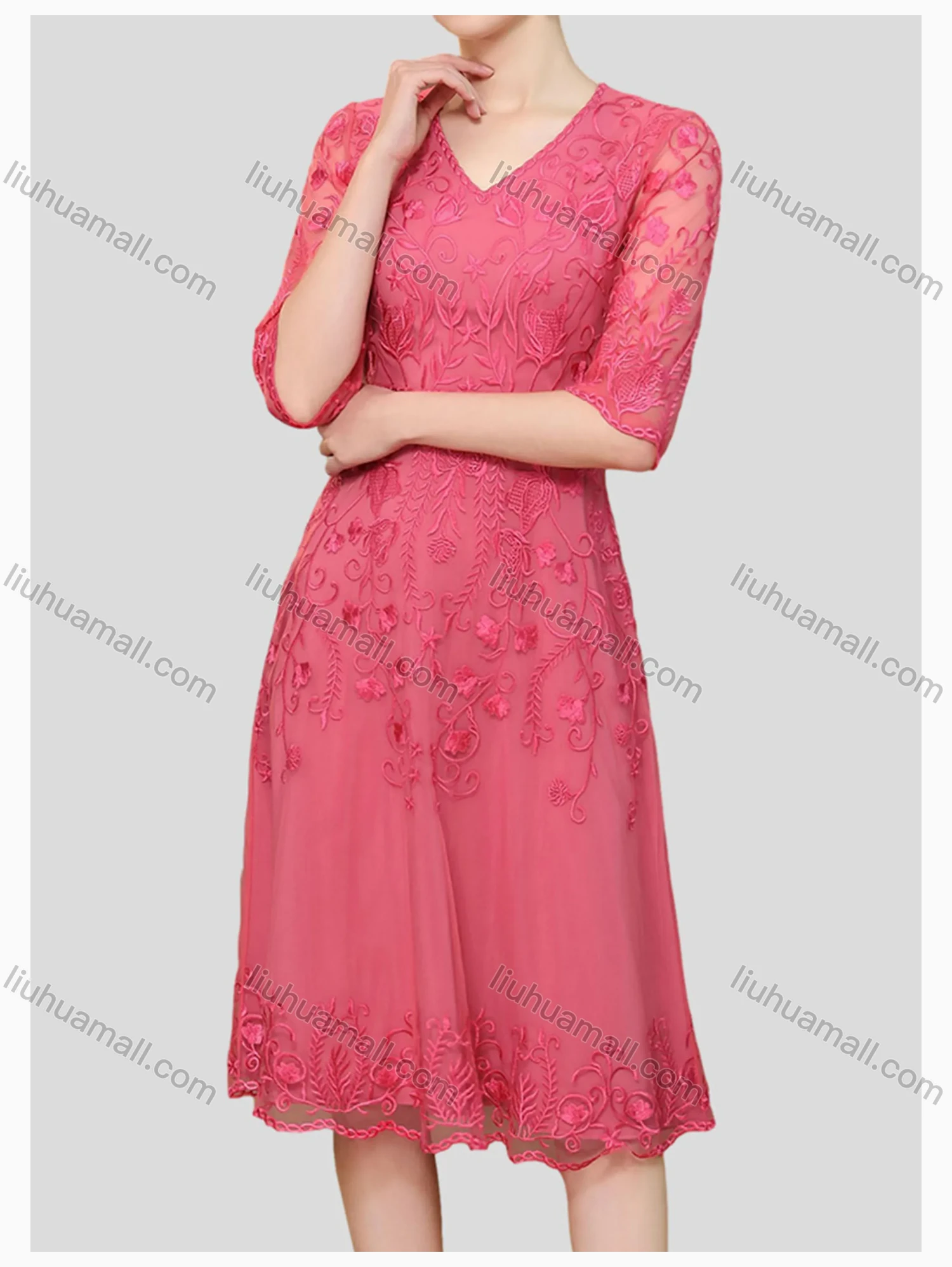 Wholesale Women's Elegant High Waist V Neck Short Sleeve Sheer Mesh Floral Embroidery Knee Length Dress - Liuhuamall