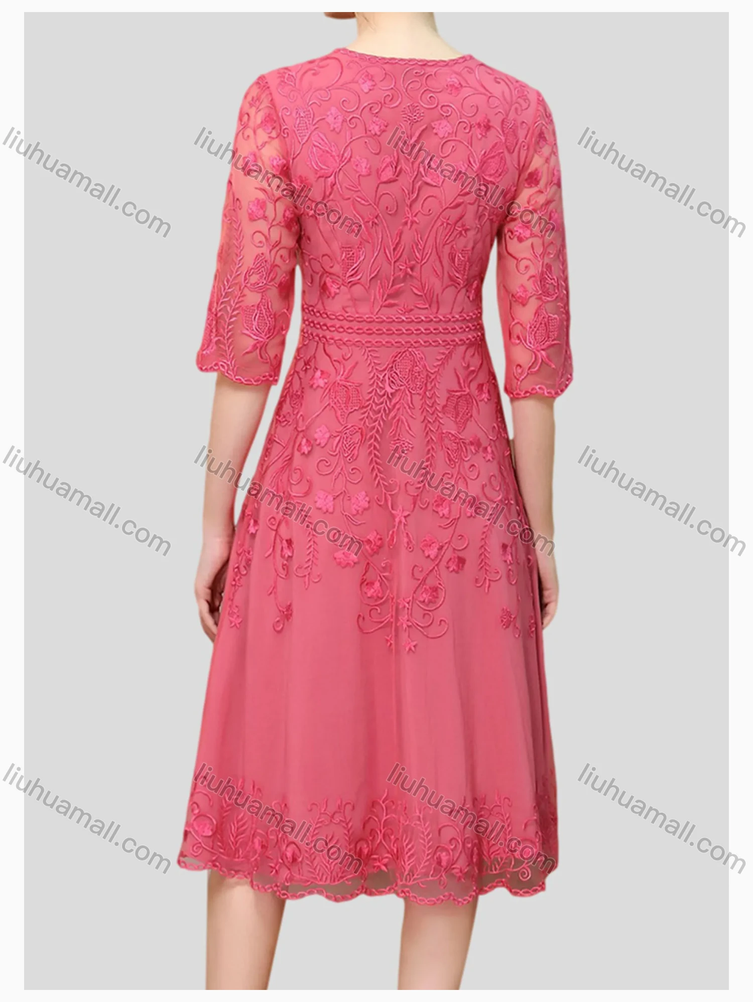 Wholesale Women's Elegant High Waist V Neck Short Sleeve Sheer Mesh Floral Embroidery Knee Length Dress - Liuhuamall