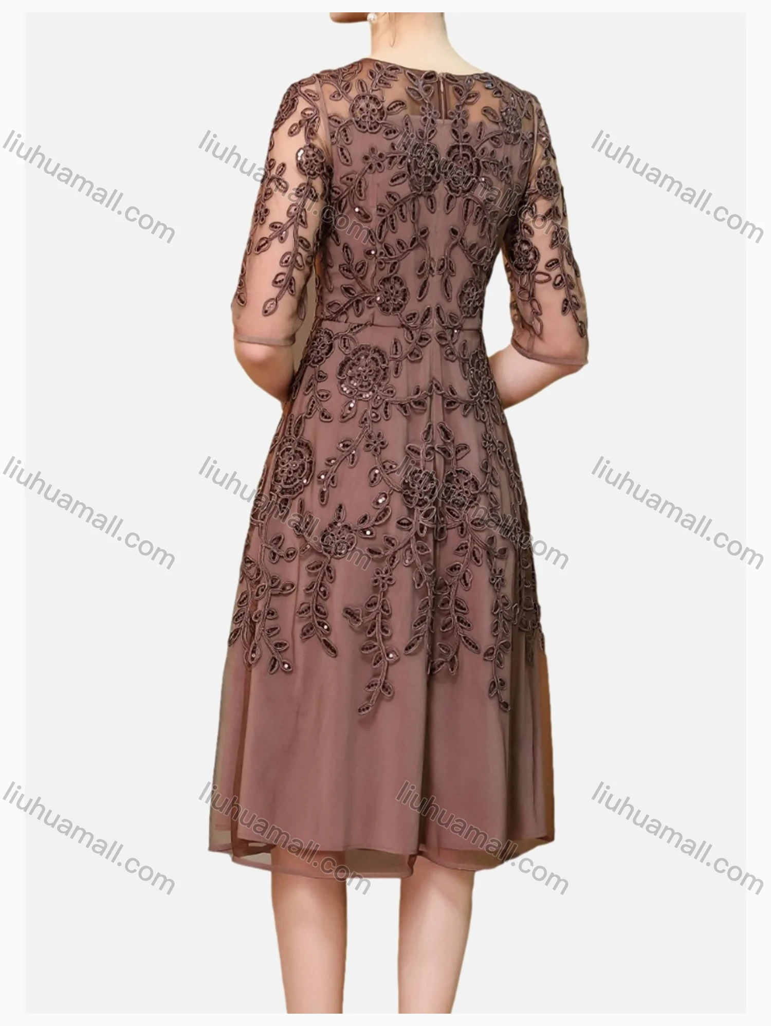 Wholesale Women's Elegant High Waist V Neck Short Sleeve Sheer Mesh Floral Embroidery Knee Length Dress - Liuhuamall
