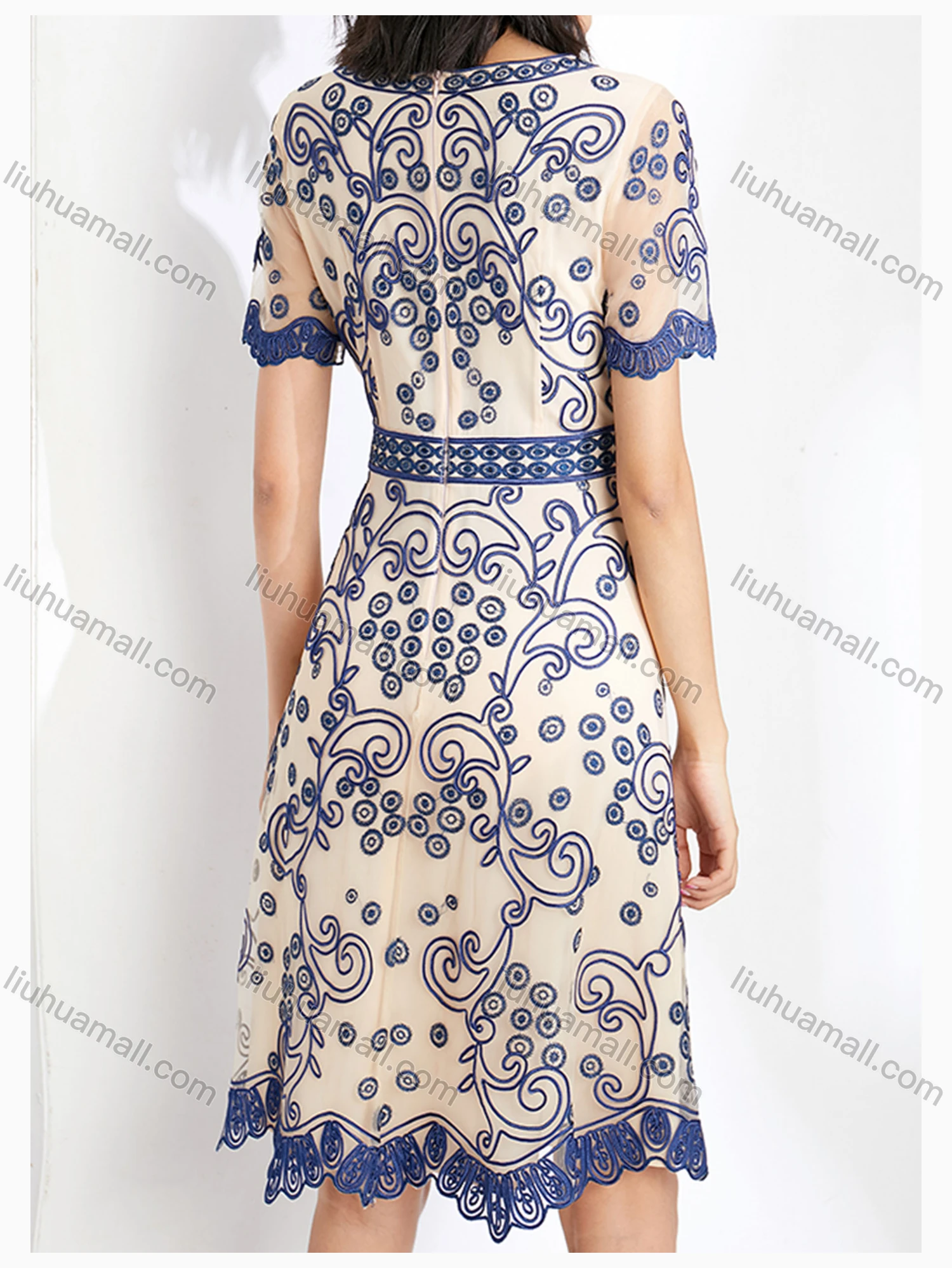 Wholesale Women's Elegant High Waist Crew Neck Short Sleeve Sheer Mesh Allover Embroidery Knee Length Dress - Liuhuamall
